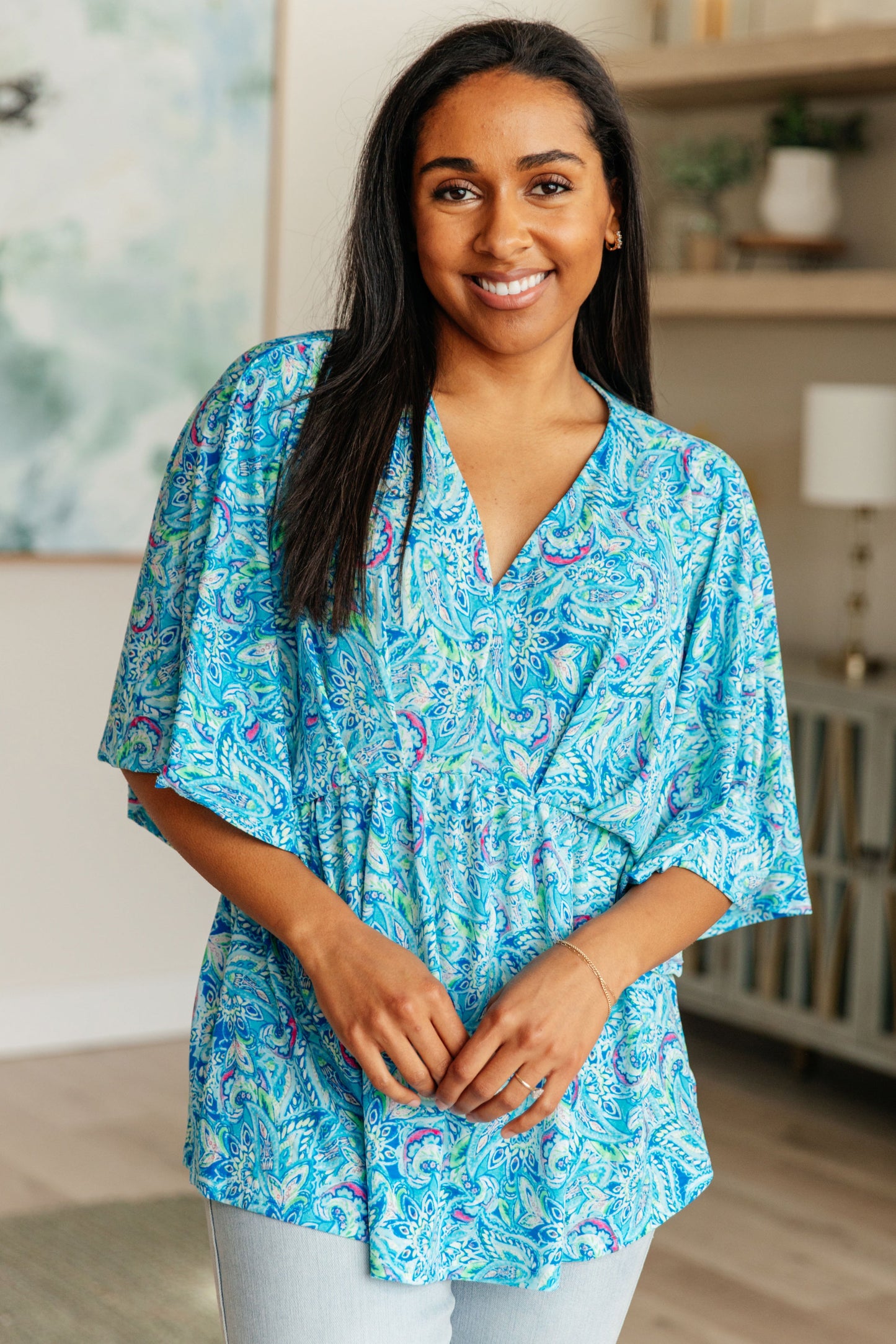 Dreamer Peplum Top in Blue and Teal Paisley-Tops-Modish Lily, Tecumseh Michigan