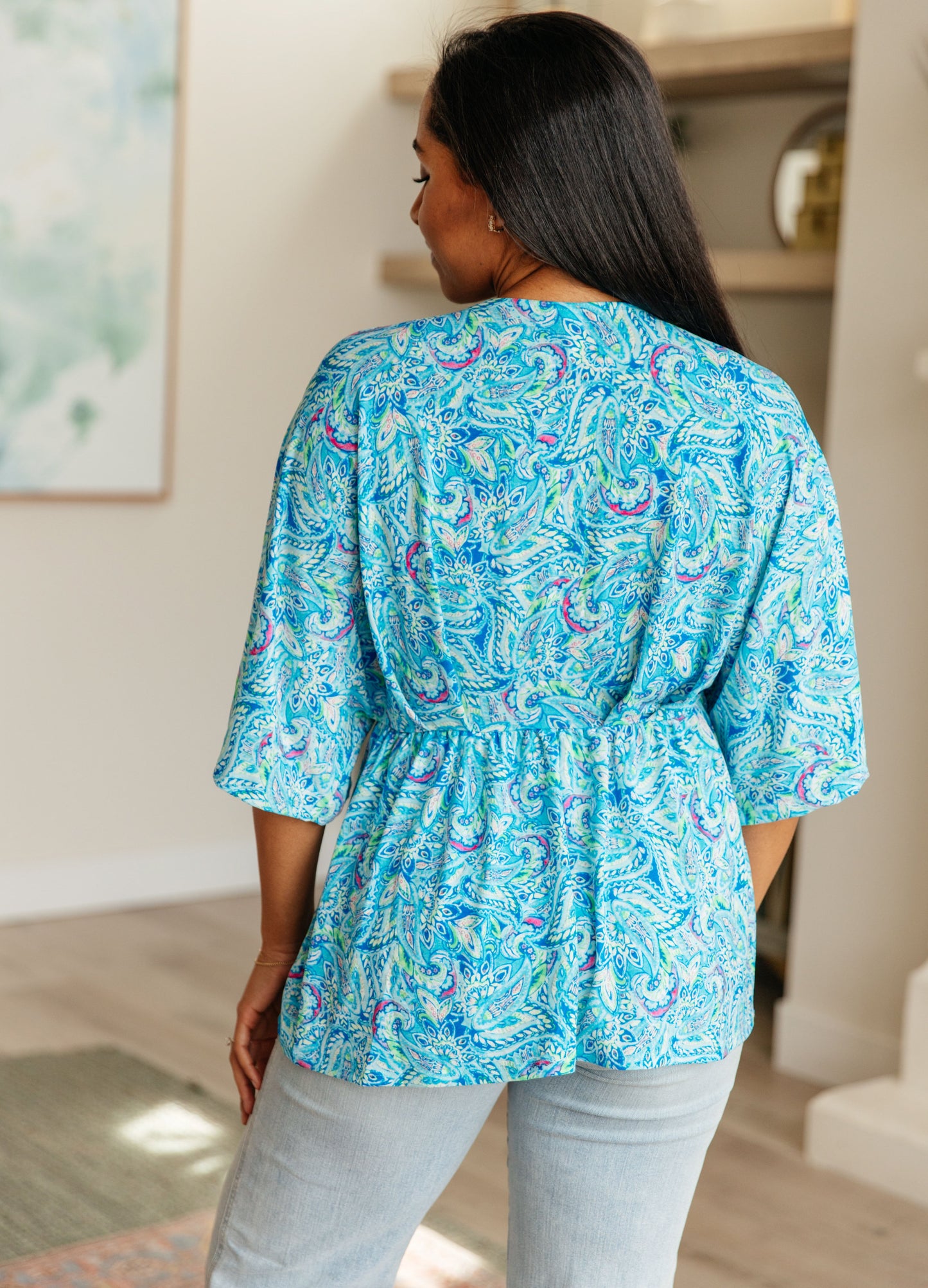 Dreamer Peplum Top in Blue and Teal Paisley-Tops-Modish Lily, Tecumseh Michigan