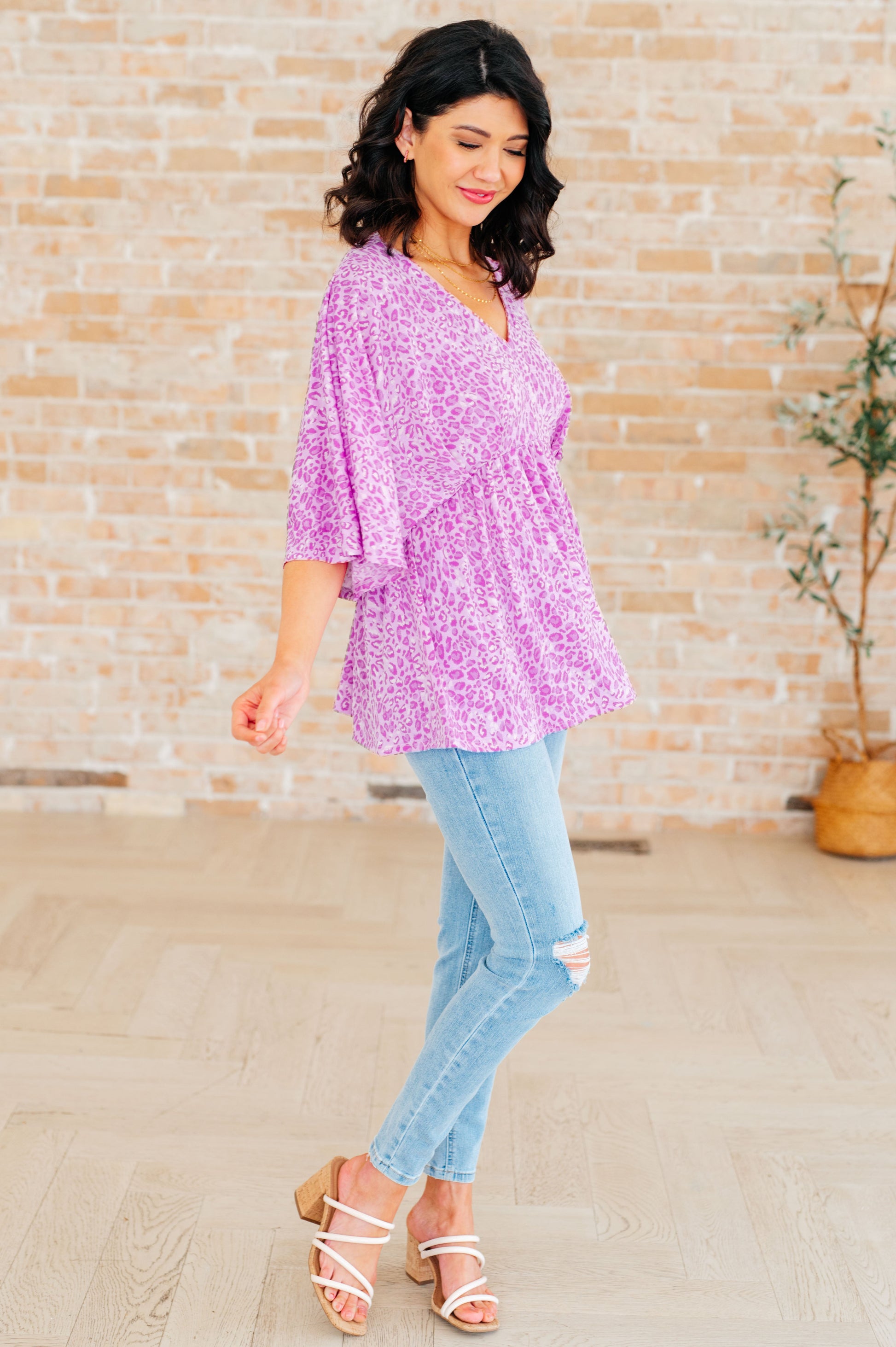 Dreamer Peplum Top in Lavender Leopard-Tops-Modish Lily, Tecumseh Michigan