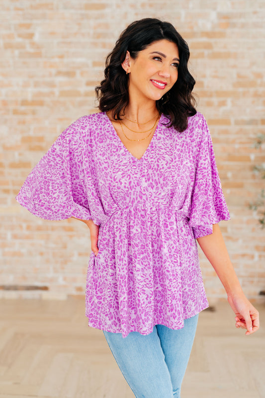 Dreamer Peplum Top in Lavender Leopard-Tops-Modish Lily, Tecumseh Michigan