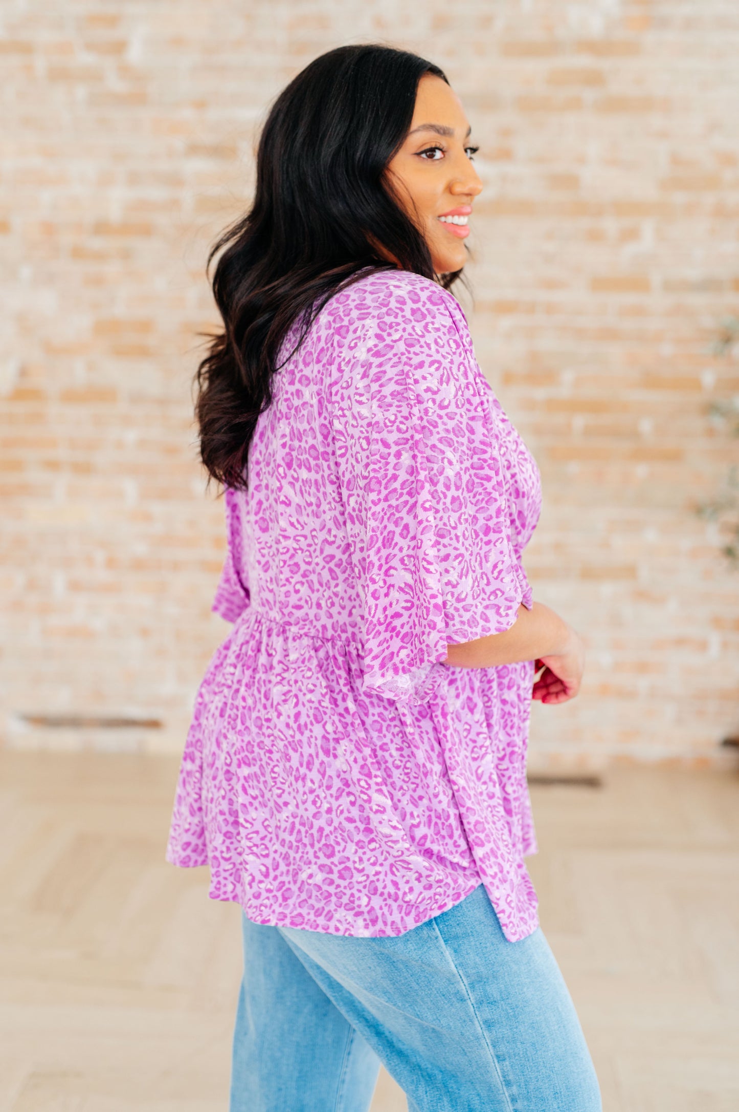 Dreamer Peplum Top in Lavender Leopard-Tops-Modish Lily, Tecumseh Michigan