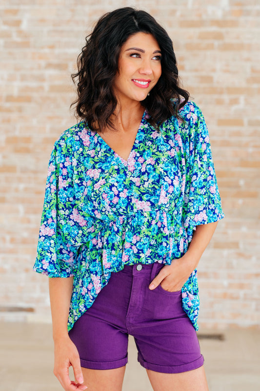 Dreamer Peplum Top in Navy and Mint Floral-Tops-Modish Lily, Tecumseh Michigan