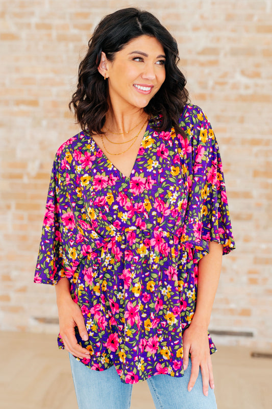 Dreamer Peplum Top in Purple and Pink Floral-Tops-Modish Lily, Tecumseh Michigan