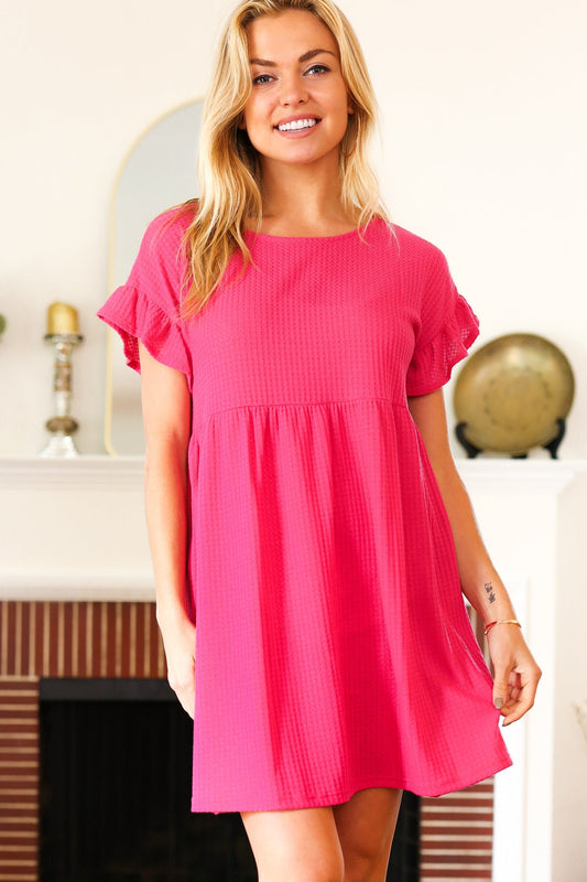 Summer Days Fuchsia Waffle Knit Ruffle Sleeve Babydoll Dress-Modish Lily, Tecumseh Michigan