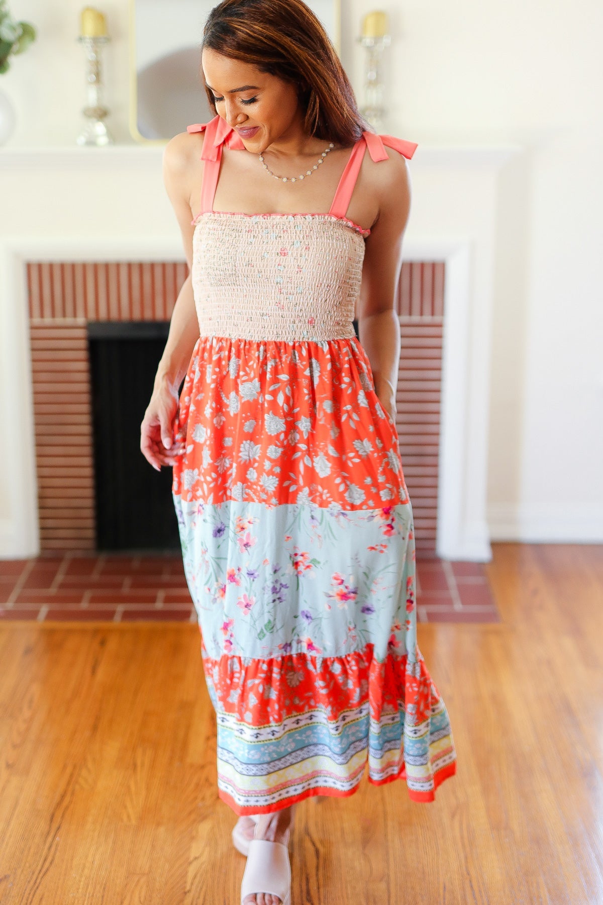 Vacay Vibes Taupe Floral Smocked Tube Top Tiered Maxi Dress-Modish Lily, Tecumseh Michigan