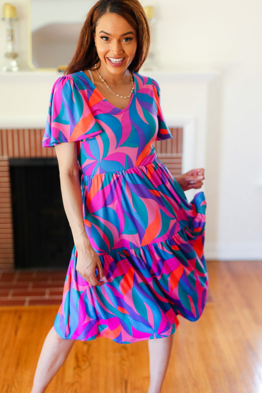 Remember Me Blue & Fuchsia Geo Print V Neck Dress-Modish Lily, Tecumseh Michigan