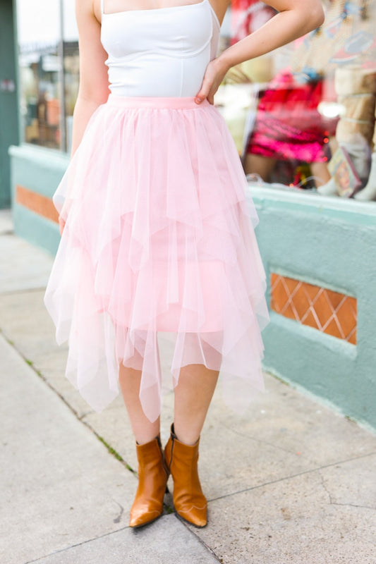 Feeling Femme' Blush Asymmetric Tiered Tulle Midi Skirt-2024 Summer Blow Out Sale-Modish Lily, Tecumseh Michigan