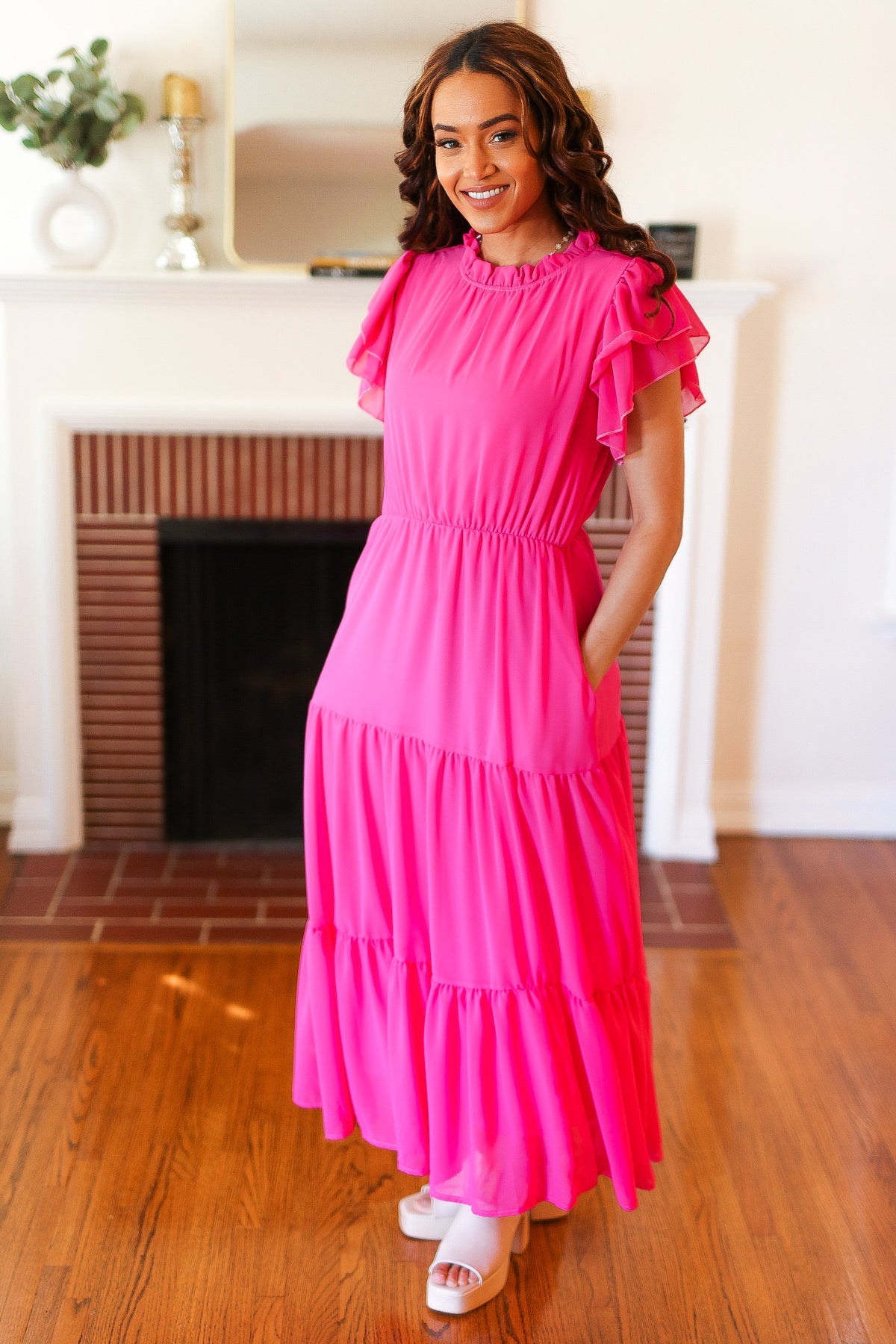 Perfectly You Hot Pink Mock Neck Tiered Chiffon Maxi Dress-Modish Lily, Tecumseh Michigan