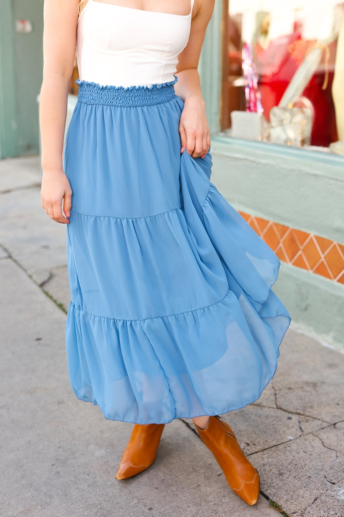 Look of Love Denim Blue Smocked Waist Tiered Chiffon Skirt-Modish Lily, Tecumseh Michigan