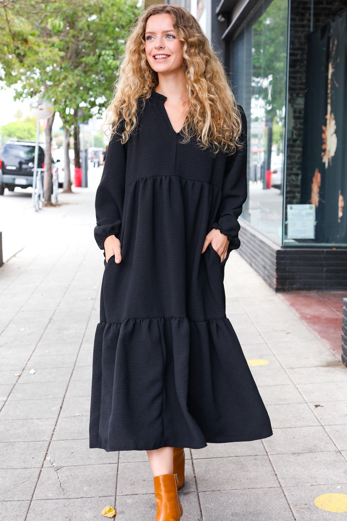 Lock Eyes Black Notched Neck Frill Hem Tiered Maxi Dress-Modish Lily, Tecumseh Michigan