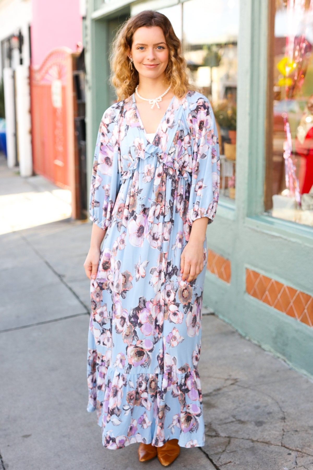 Longing For You Powder Blue Floral V Neck Ruffle Maxi Dress-Modish Lily, Tecumseh Michigan