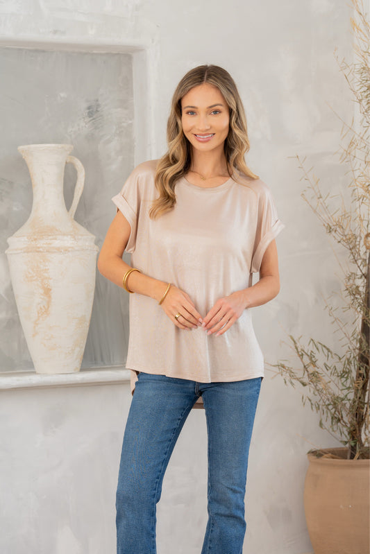 Shimmer Cuffed Top in Taupe-Womens-Modish Lily, Tecumseh Michigan