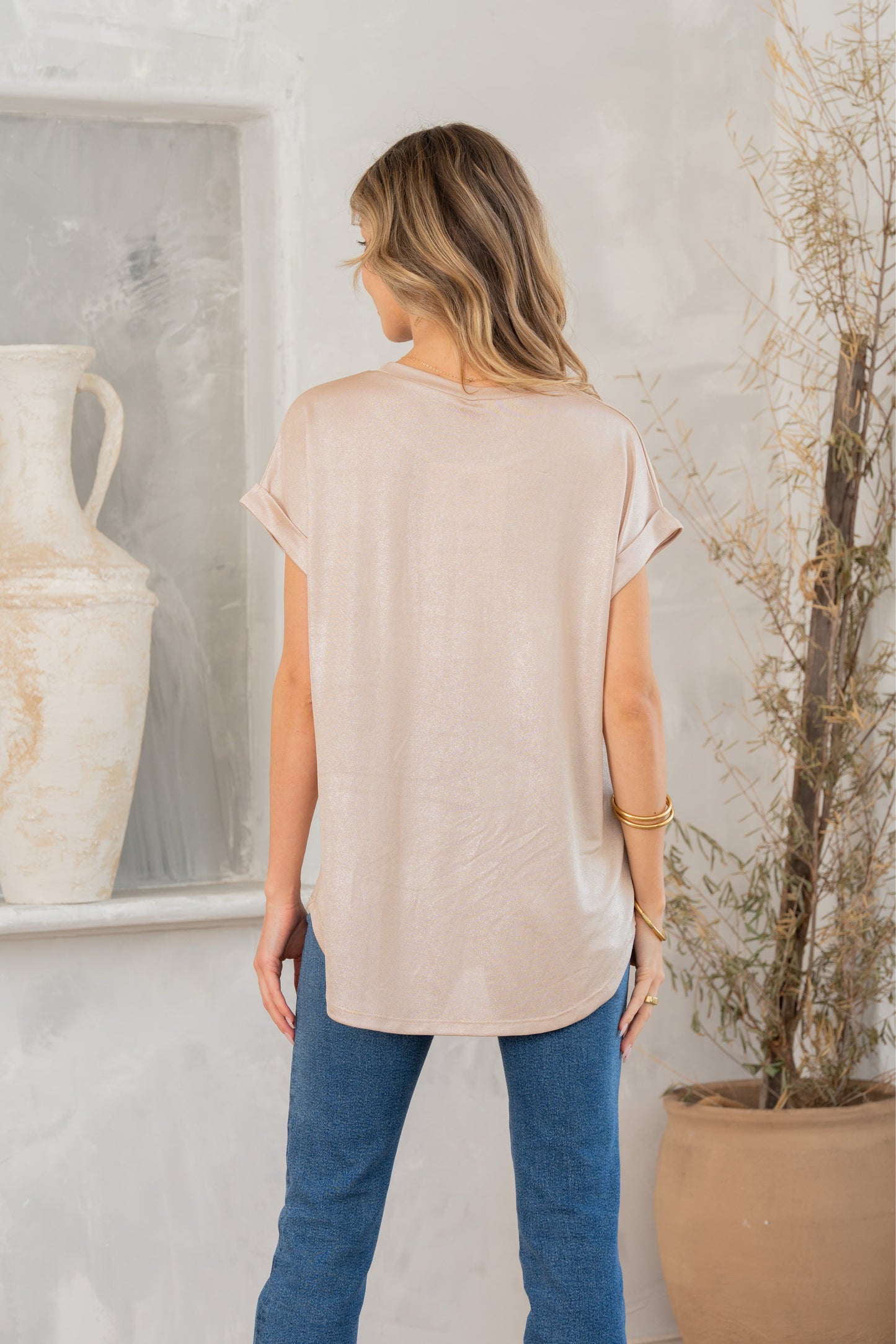 Shimmer Cuffed Top in Taupe-Womens-Modish Lily, Tecumseh Michigan