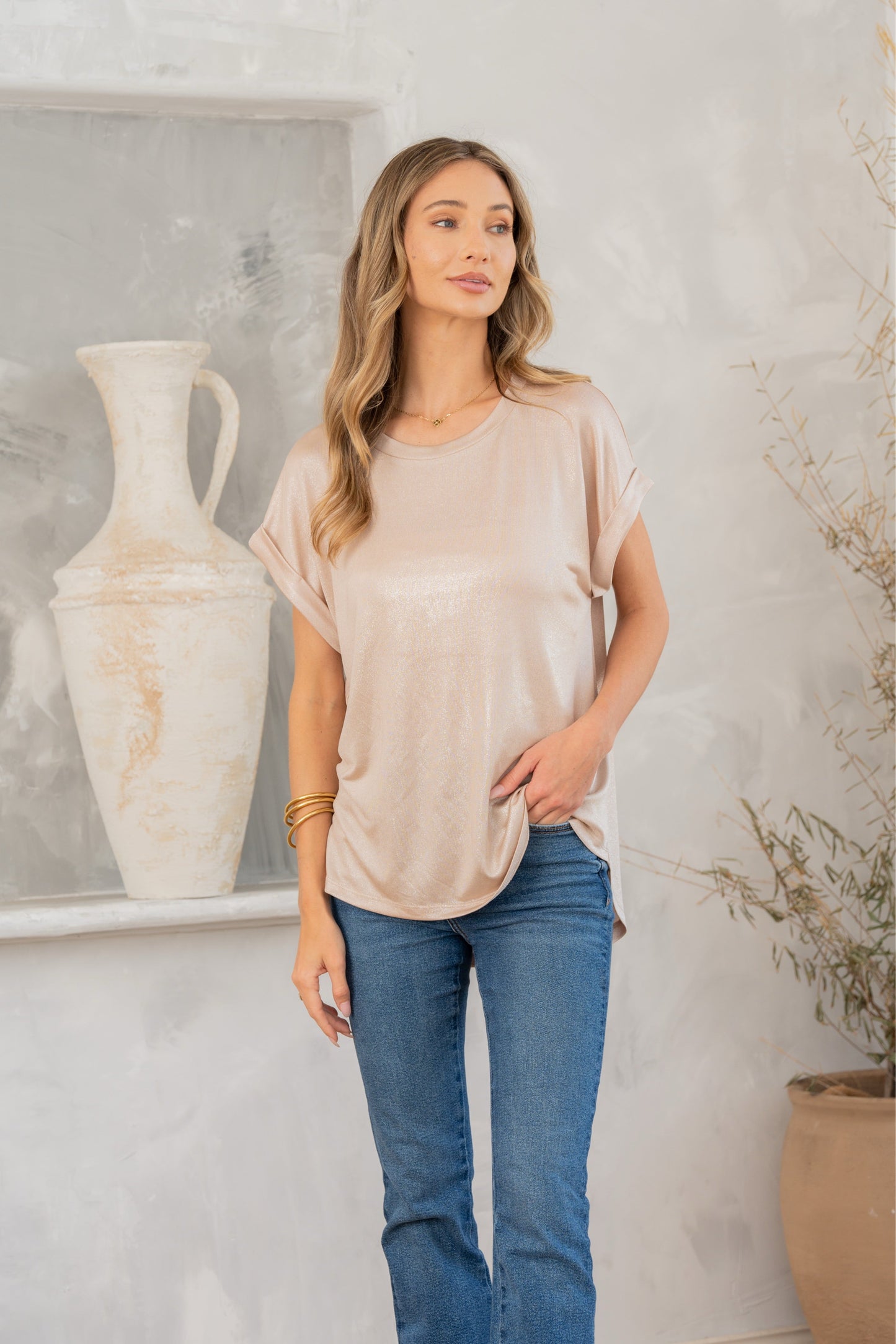 Shimmer Cuffed Top in Taupe-Womens-Modish Lily, Tecumseh Michigan