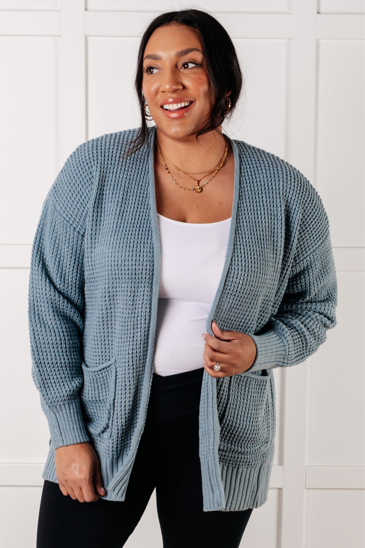 Everything Layer Waffle Knit Open Front Cardigan in Blue Grey-Layers-Modish Lily, Tecumseh Michigan