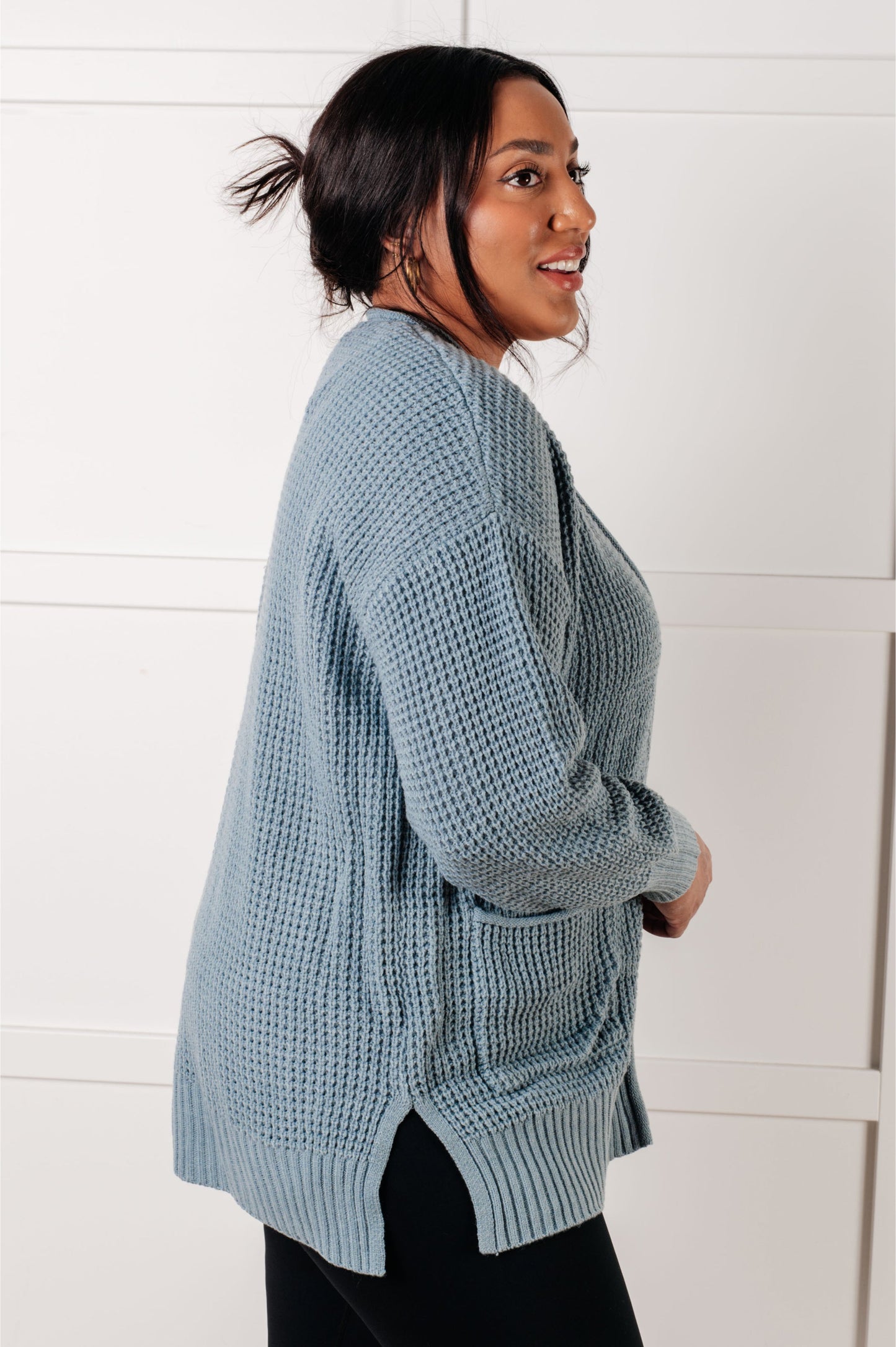 Everything Layer Waffle Knit Open Front Cardigan in Blue Grey-Layers-Modish Lily, Tecumseh Michigan