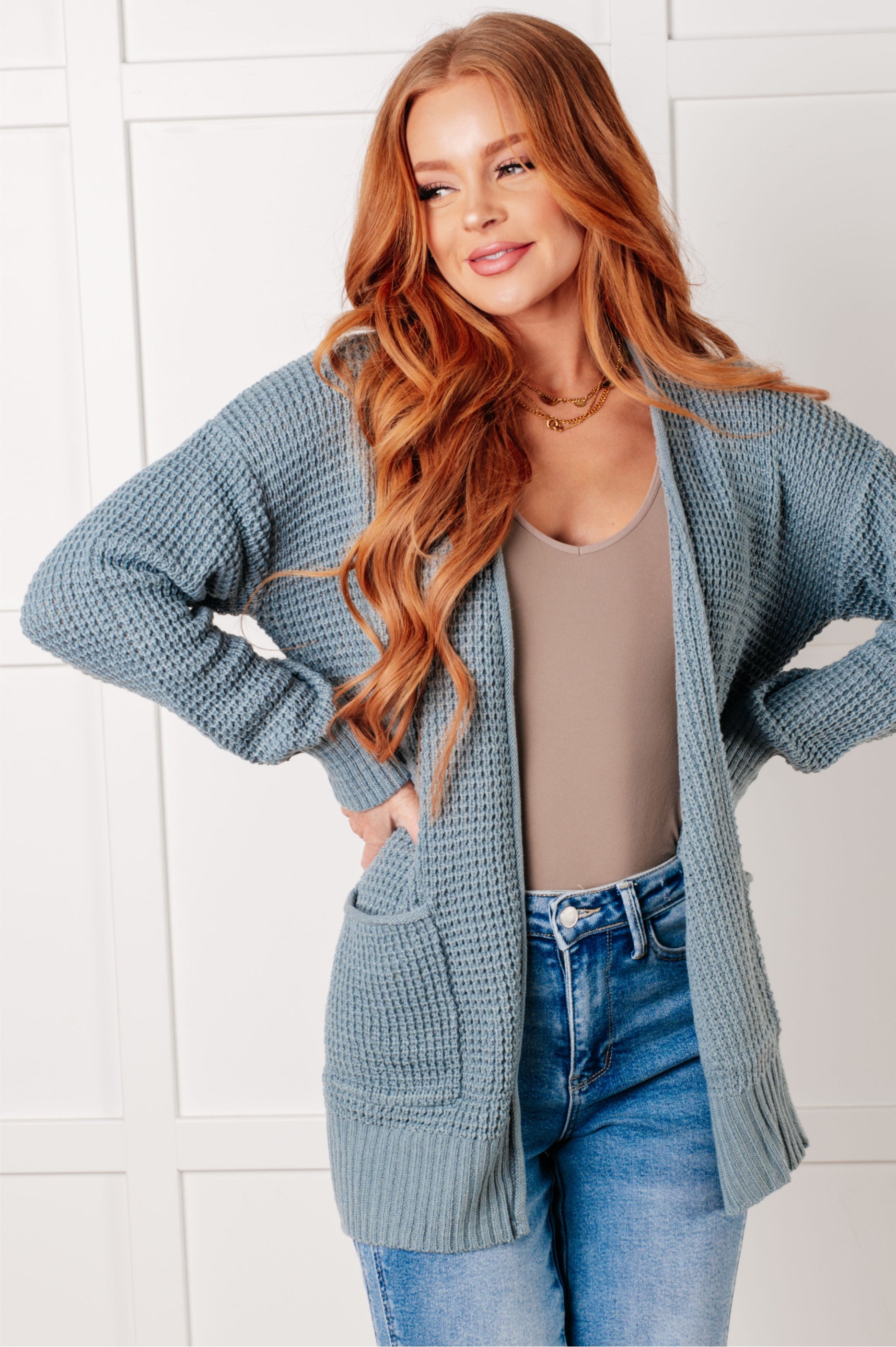 Everything Layer Waffle Knit Open Front Cardigan in Blue Grey-Layers-Modish Lily, Tecumseh Michigan