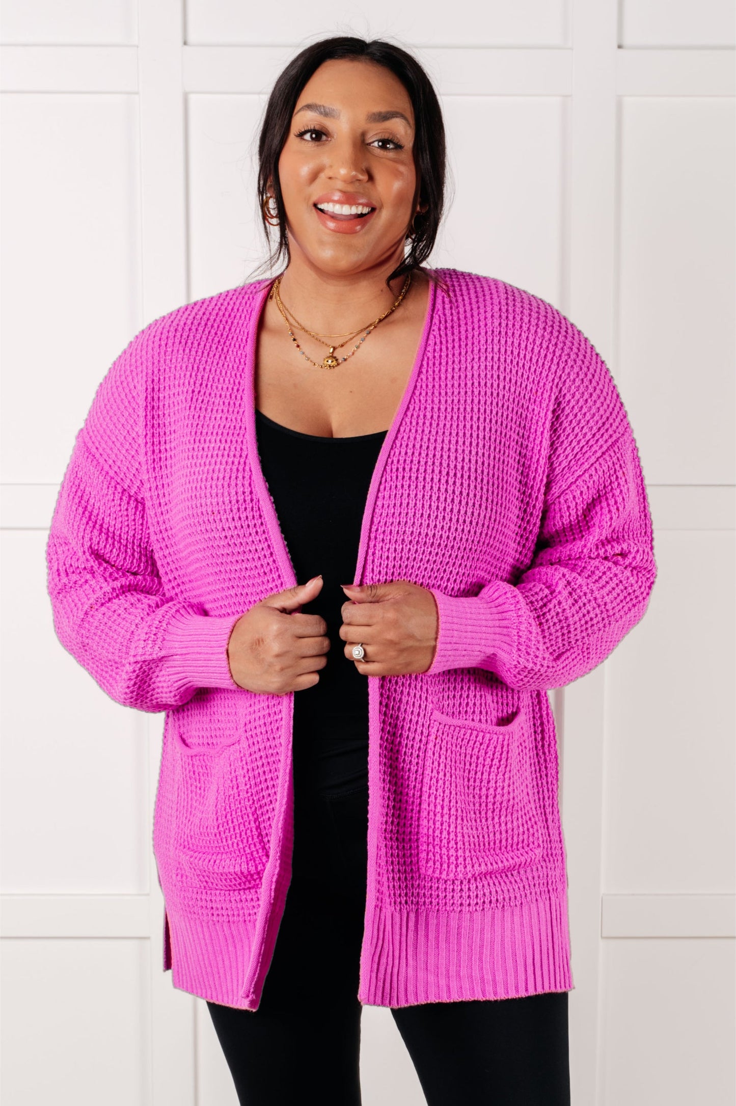 Everything Layer Waffle Knit Open Front Cardigan in Bright Mauve-Layers-Modish Lily, Tecumseh Michigan