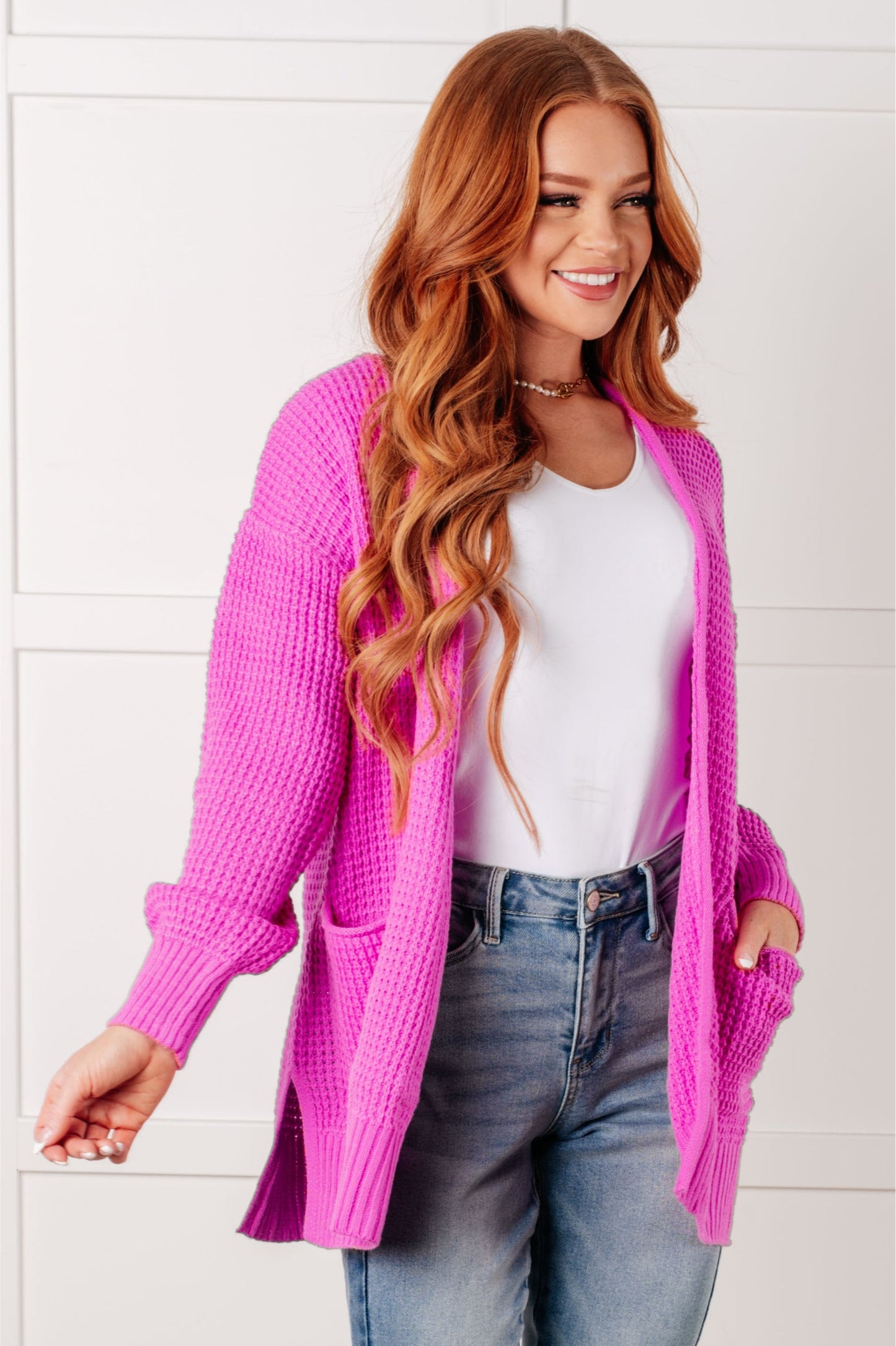 Everything Layer Waffle Knit Open Front Cardigan in Bright Mauve-Layers-Modish Lily, Tecumseh Michigan