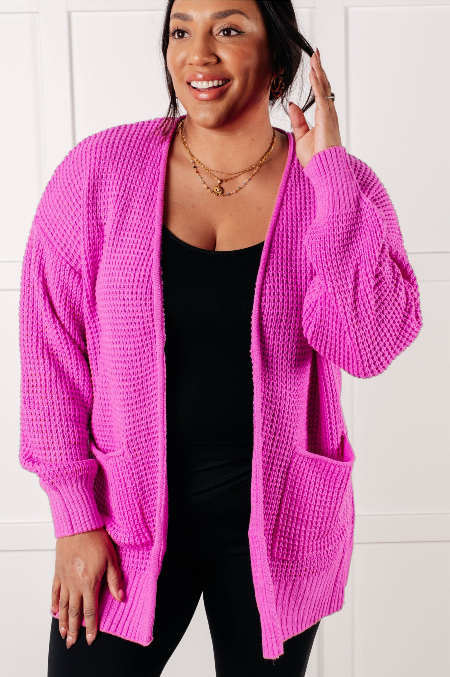 Everything Layer Waffle Knit Open Front Cardigan in Bright Mauve-Layers-Modish Lily, Tecumseh Michigan