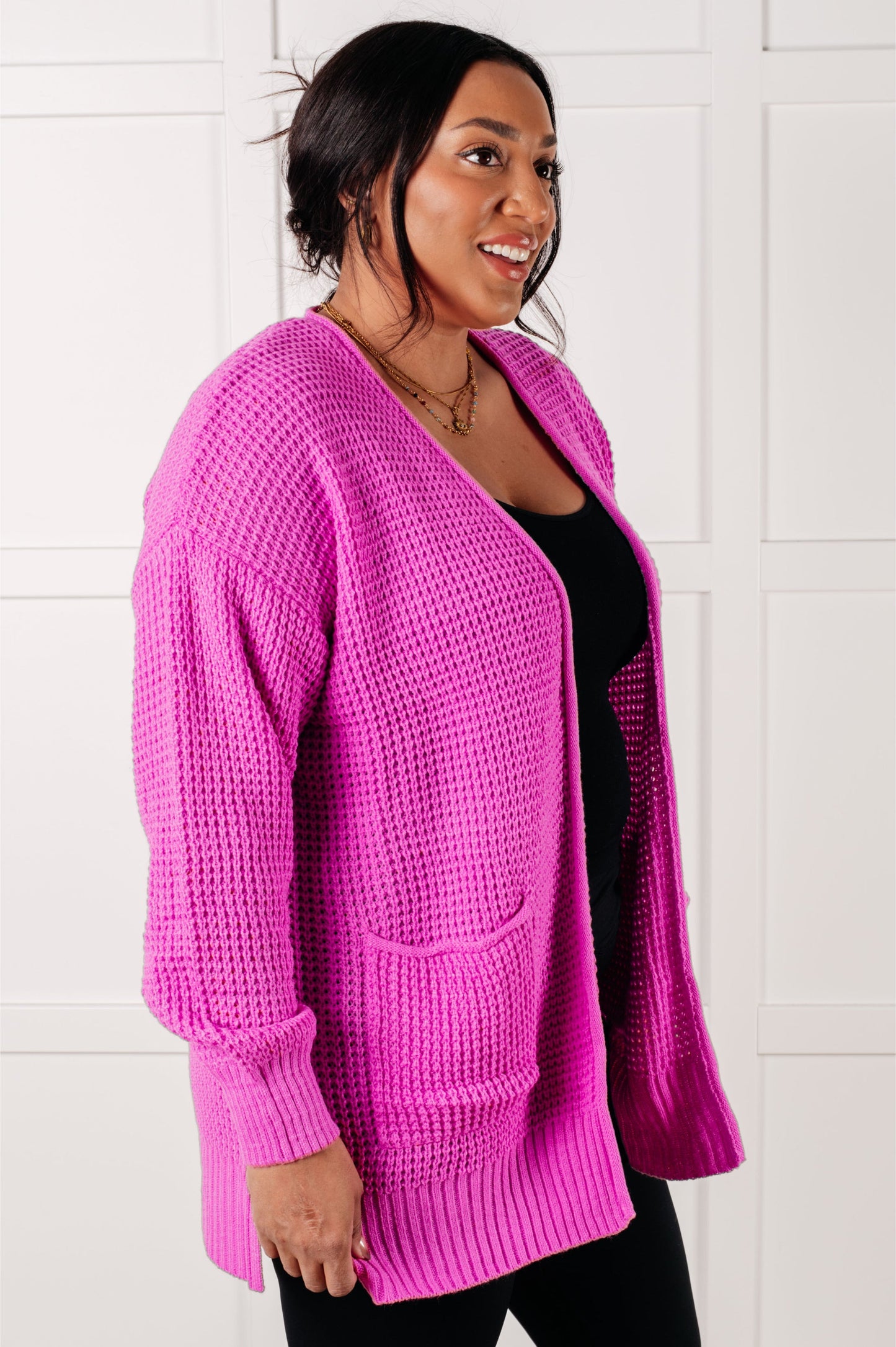 Everything Layer Waffle Knit Open Front Cardigan in Bright Mauve-Layers-Modish Lily, Tecumseh Michigan