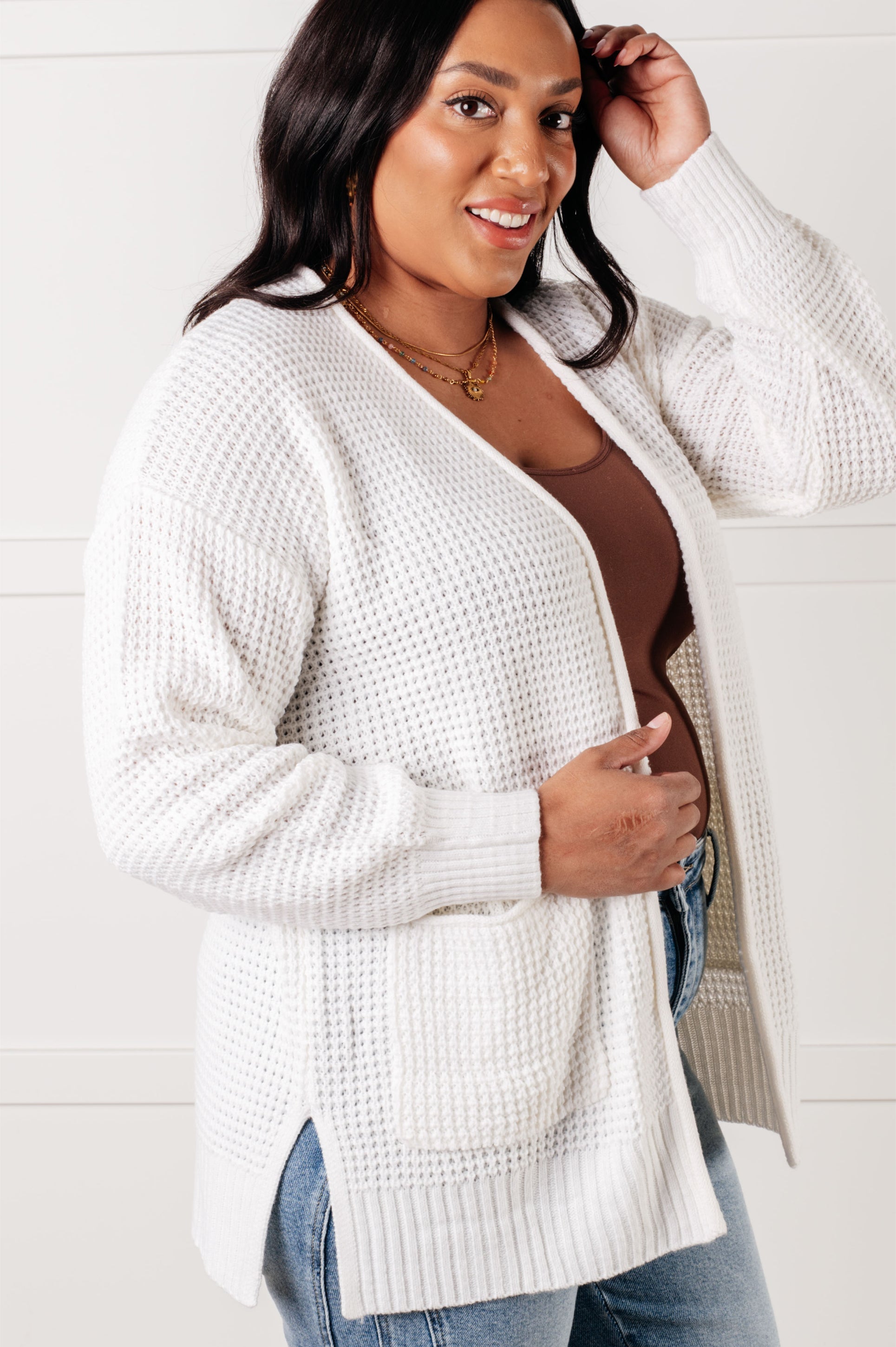 Everything Layer Waffle Knit Open Front Cardigan in Ivory-Layers-Modish Lily, Tecumseh Michigan