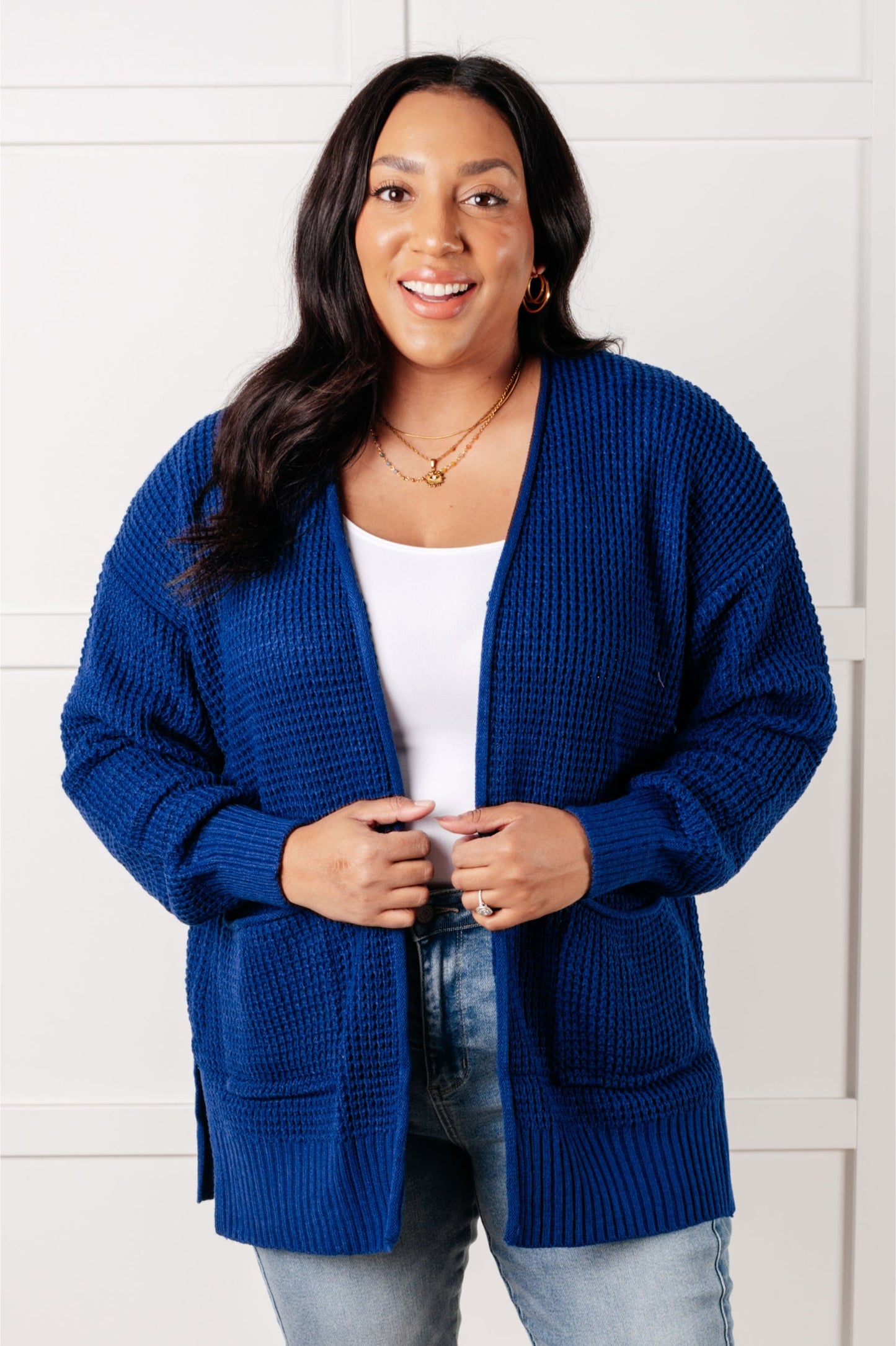 Everything Layer Waffle Knit Open Front Cardigan in Light Navy-Layers-Modish Lily, Tecumseh Michigan