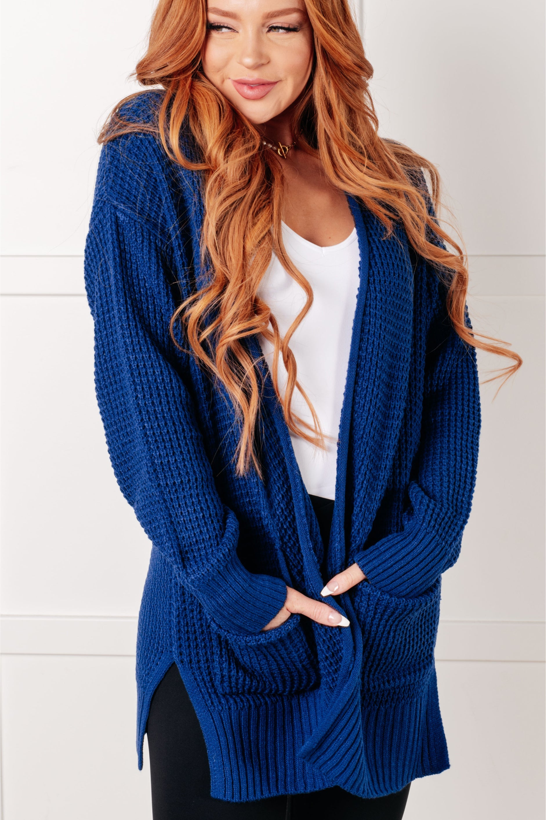 Everything Layer Waffle Knit Open Front Cardigan in Light Navy-Layers-Modish Lily, Tecumseh Michigan