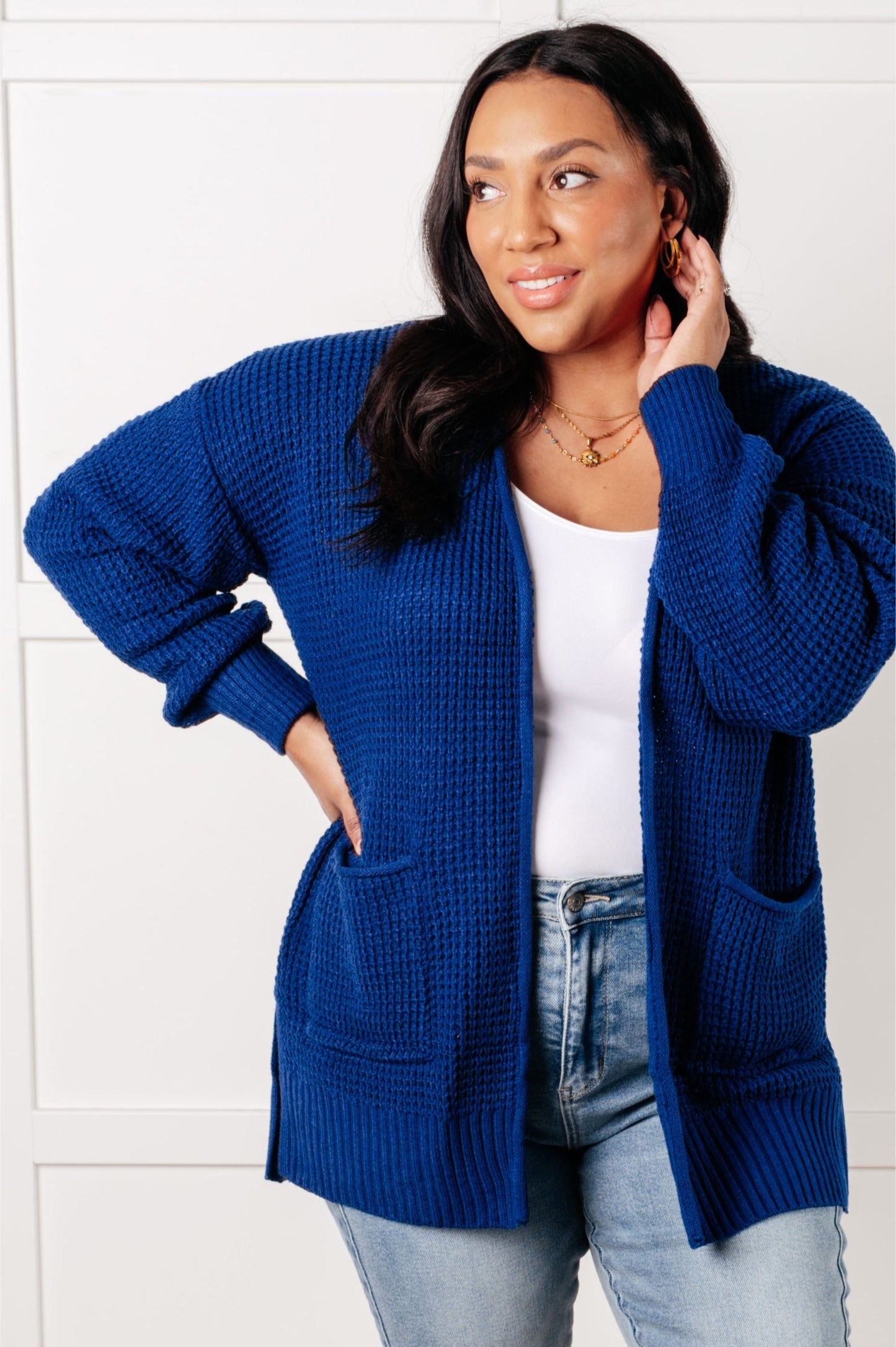 Everything Layer Waffle Knit Open Front Cardigan in Light Navy-Layers-Modish Lily, Tecumseh Michigan