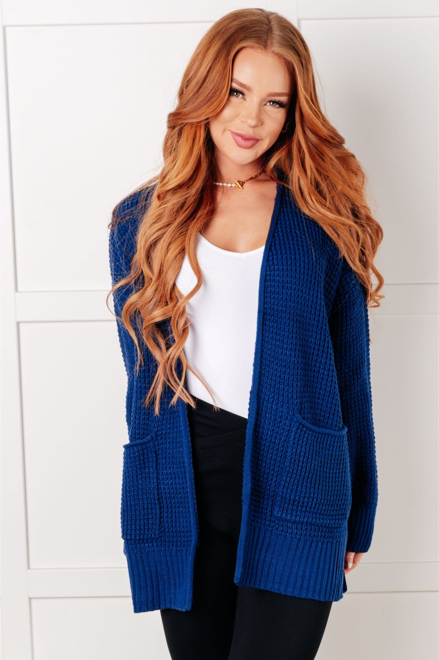 Everything Layer Waffle Knit Open Front Cardigan in Light Navy-Layers-Modish Lily, Tecumseh Michigan