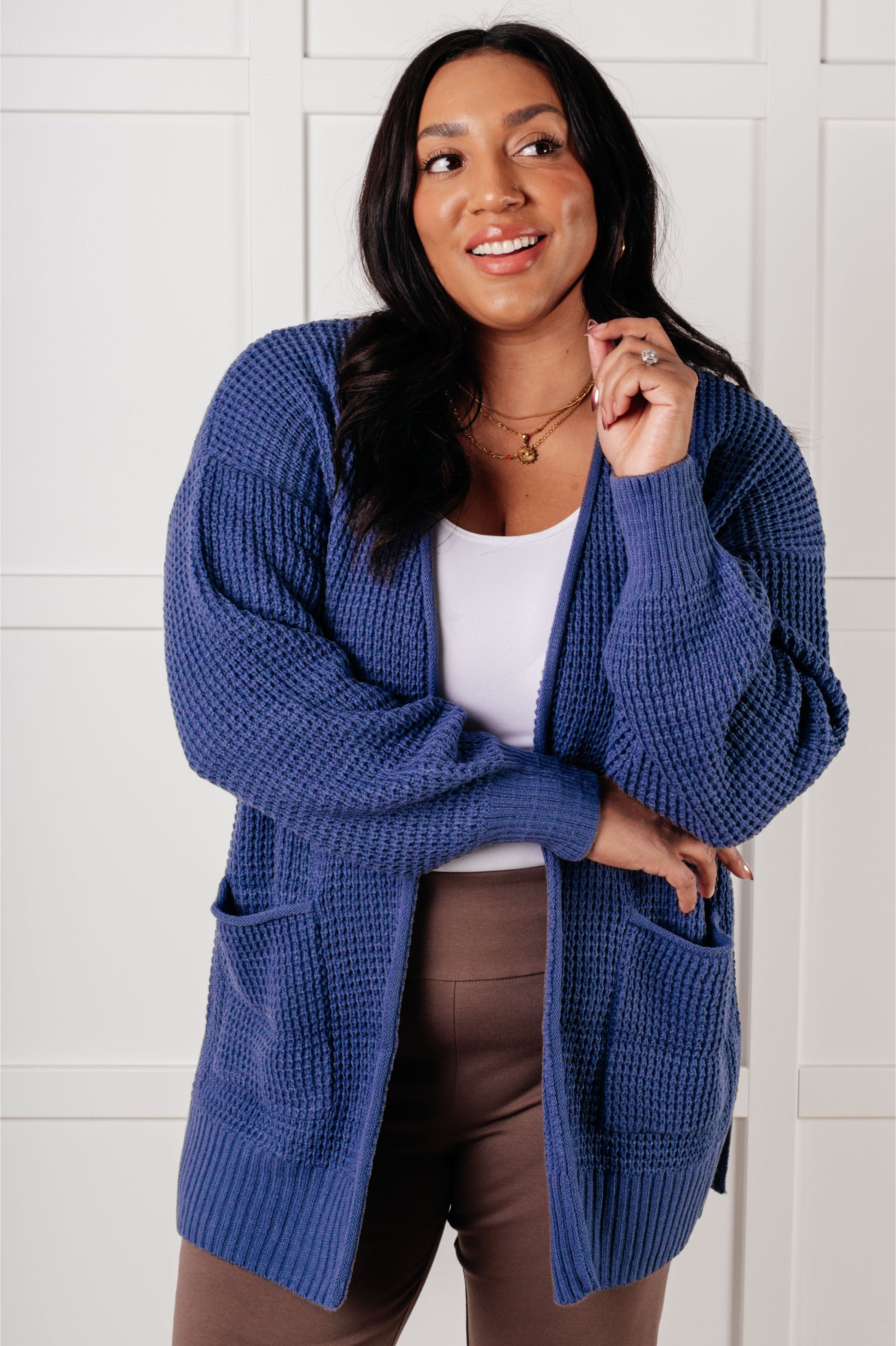 Everything Layer Waffle Knit Open Front Cardigan in Marlin-Layers-Modish Lily, Tecumseh Michigan