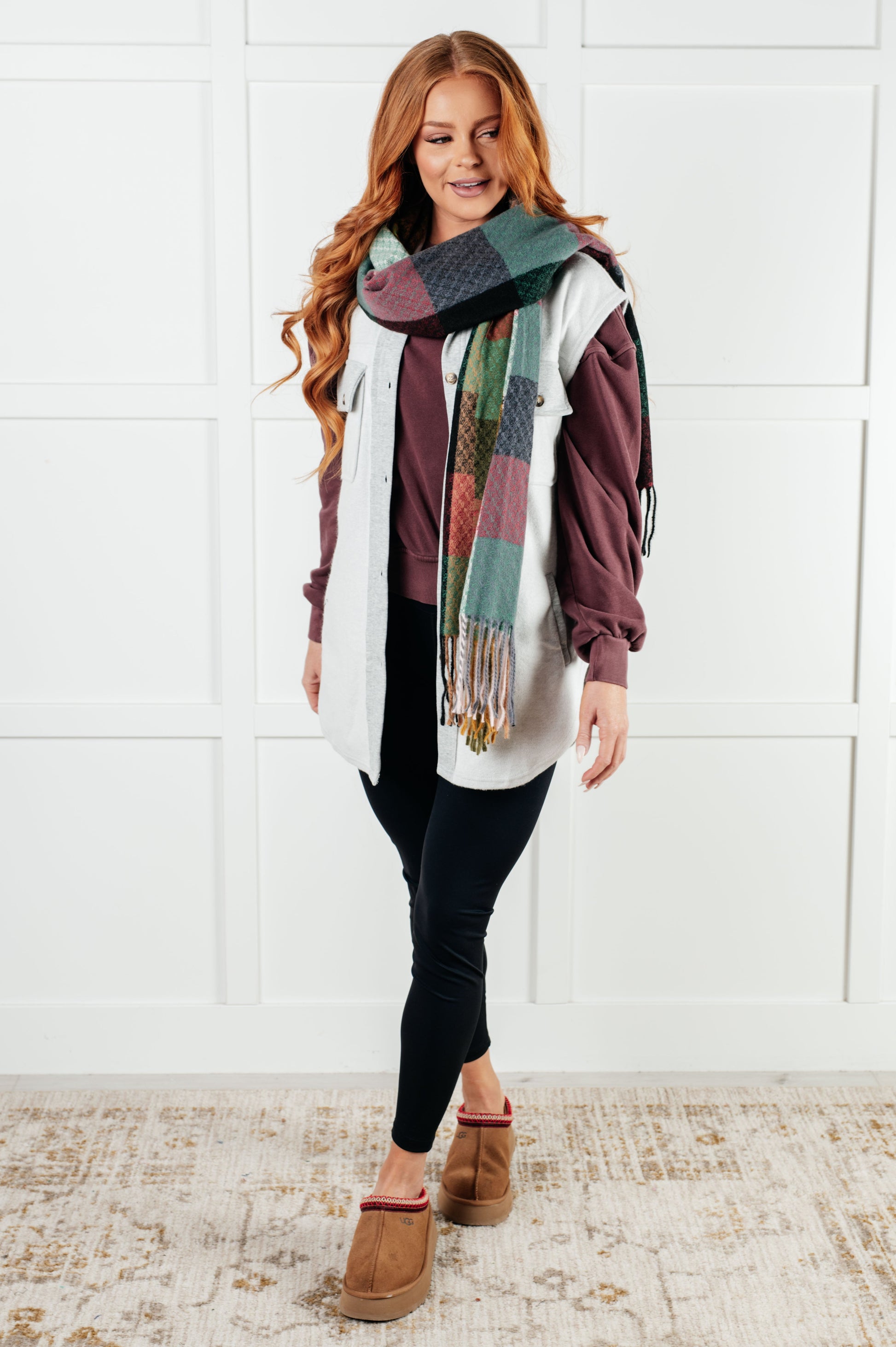 Keep Me Cozy Checkered Fringe Scarf in Berry-Accessories-Modish Lily, Tecumseh Michigan