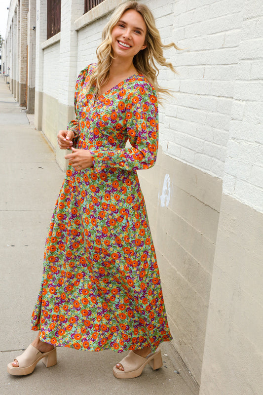 Dazzle in Silky Sage & Coral Floral V Neck Smock Ruffle Sleeve Maxi-Modish Lily, Tecumseh Michigan