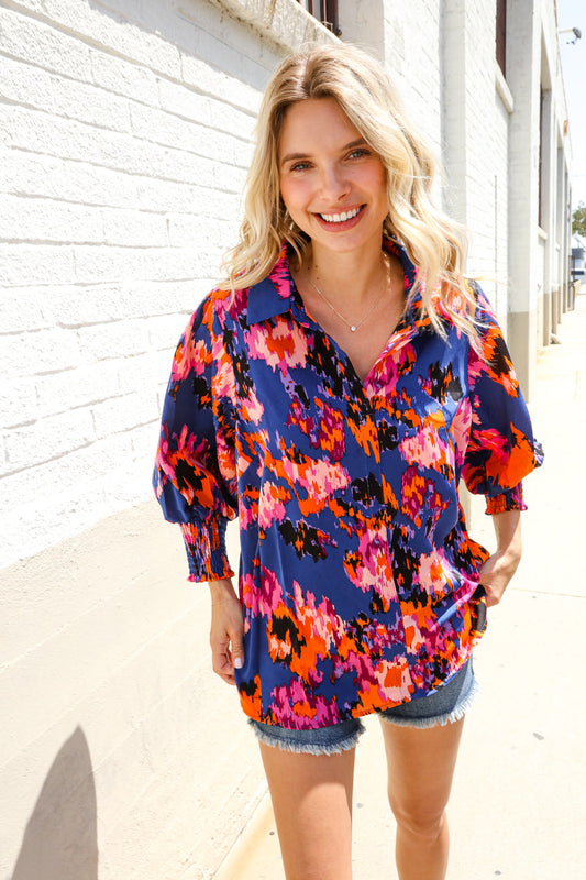 Dazzle in Cobalt Blue Abstract Print Button-Down Smocked Sleeve Blouse-Modish Lily, Tecumseh Michigan