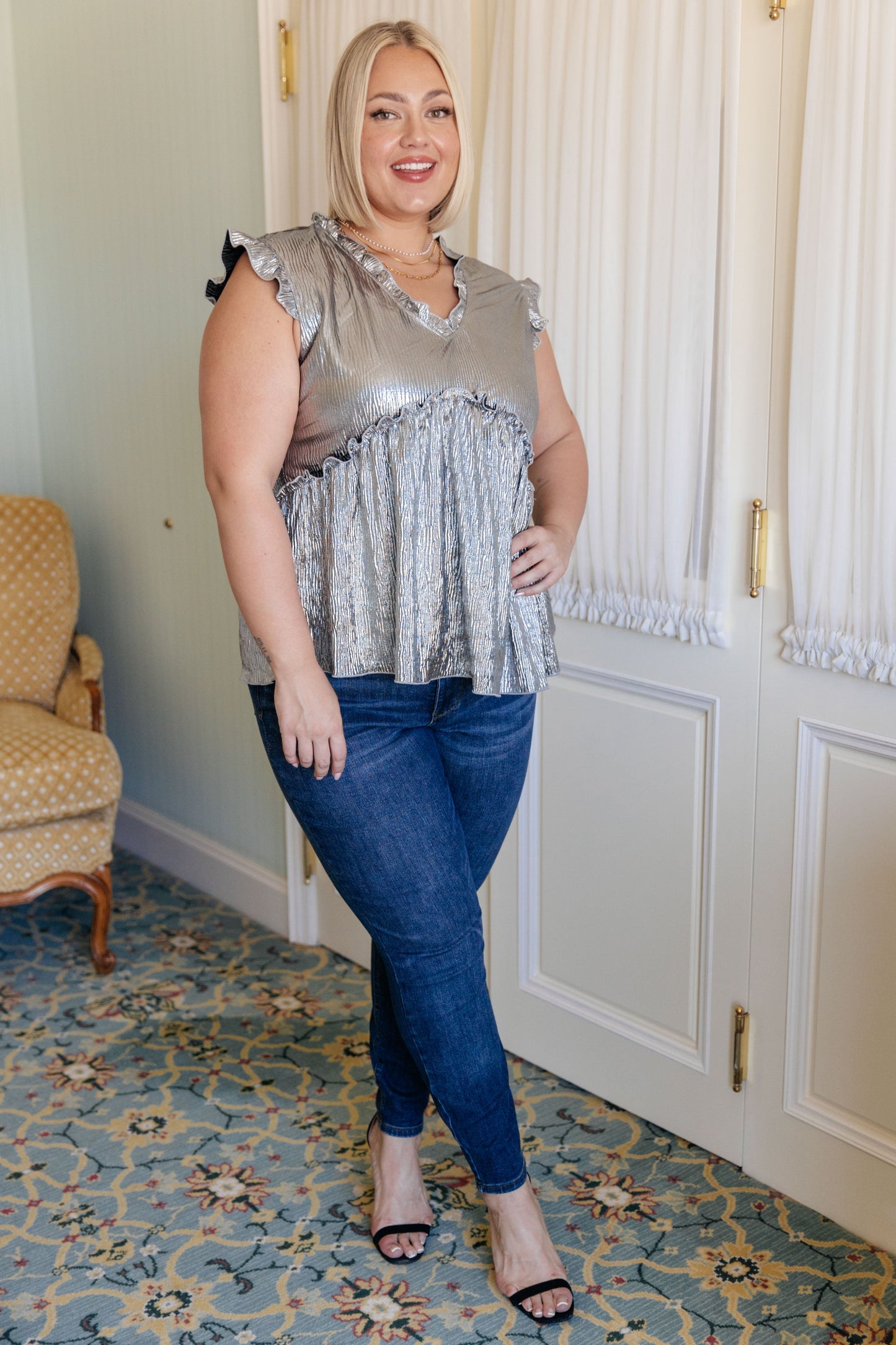 Shine On Metallic Peplum Top-Tops-Modish Lily, Tecumseh Michigan