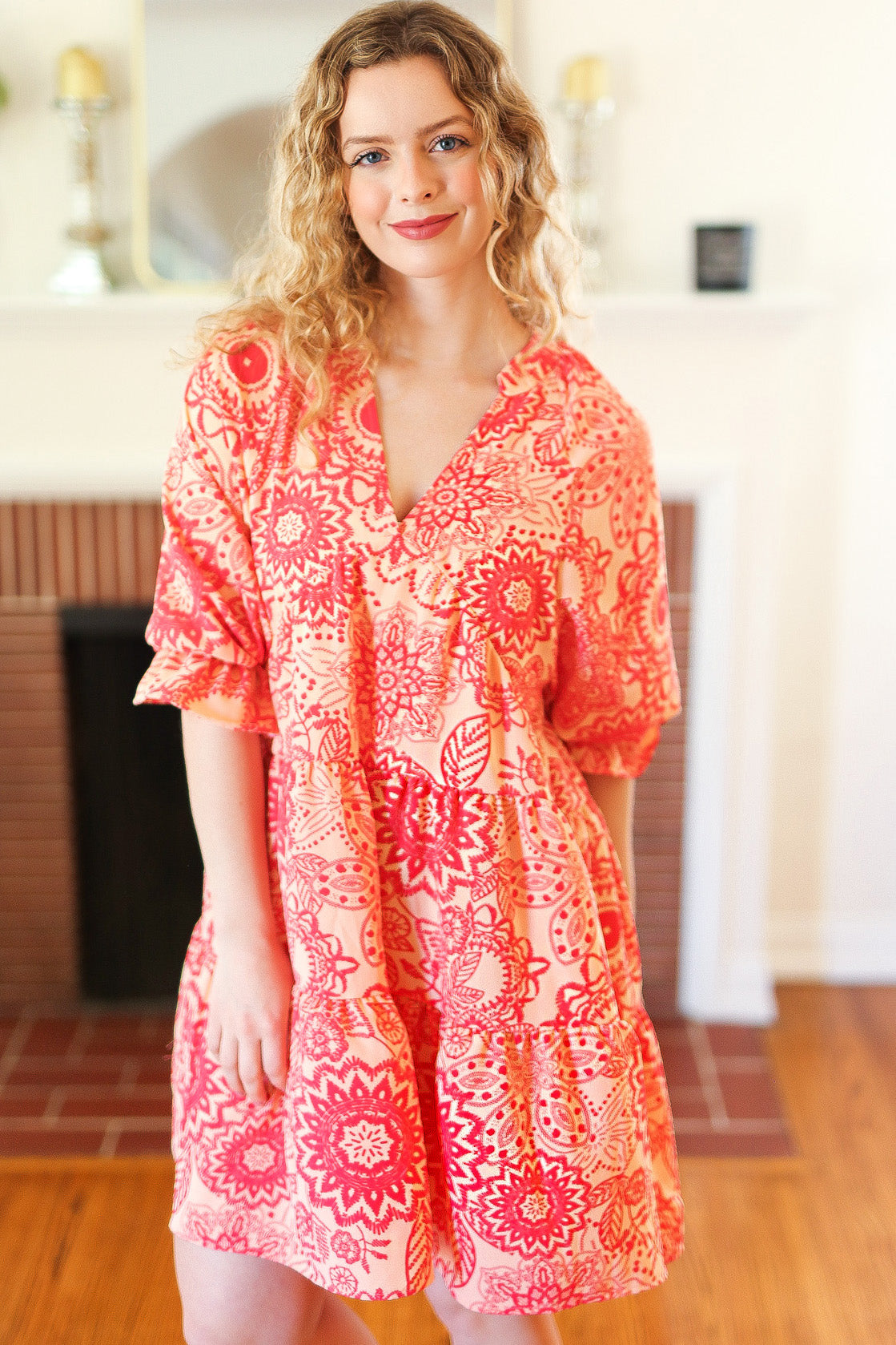 All You Need Peach & Coral Boho Floral V Neck Dress-Modish Lily, Tecumseh Michigan