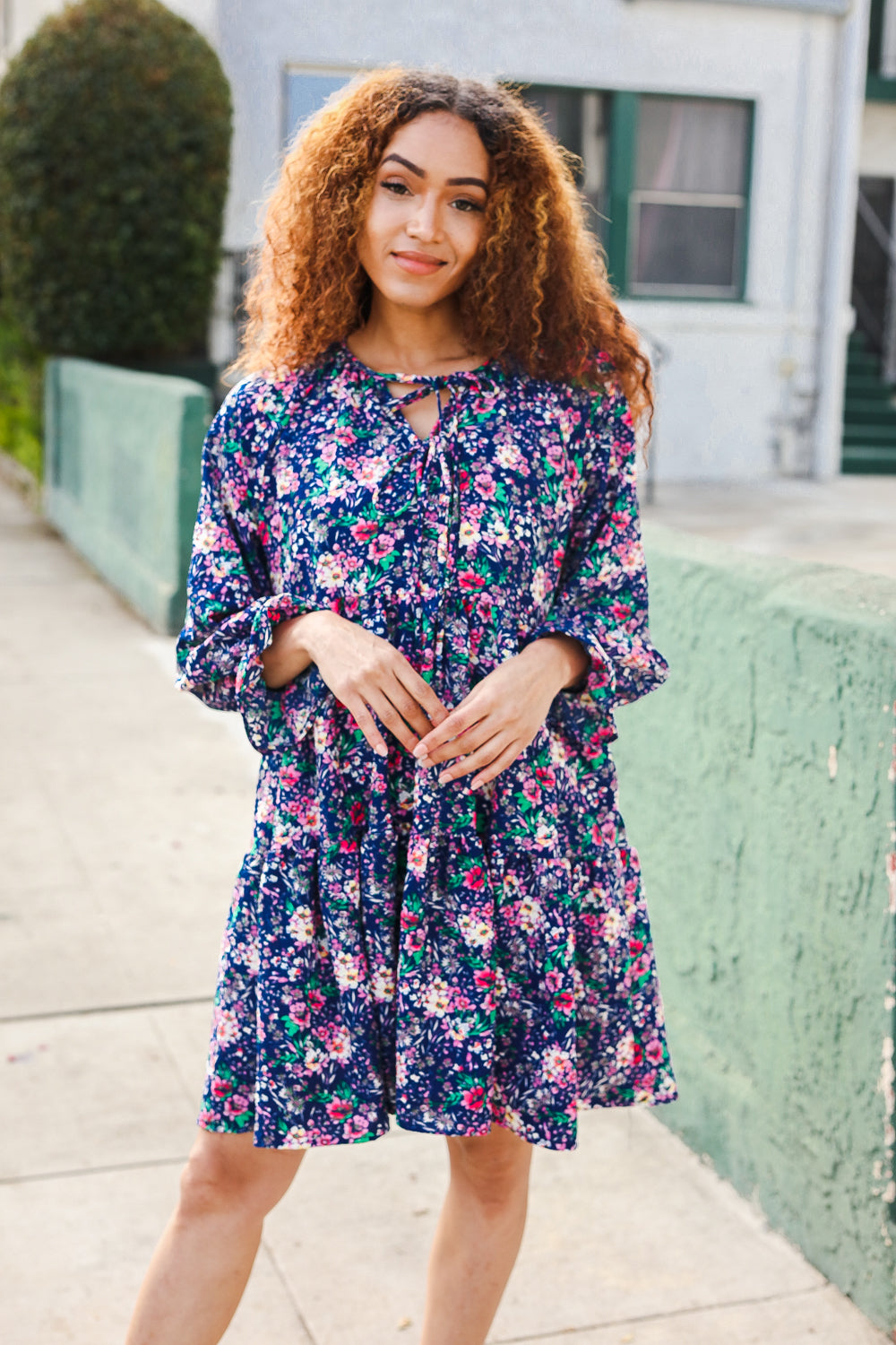 Feeling Joyful Navy Floral Bow Tie Babydoll Long Ruffle Sleeve Dress-Modish Lily, Tecumseh Michigan