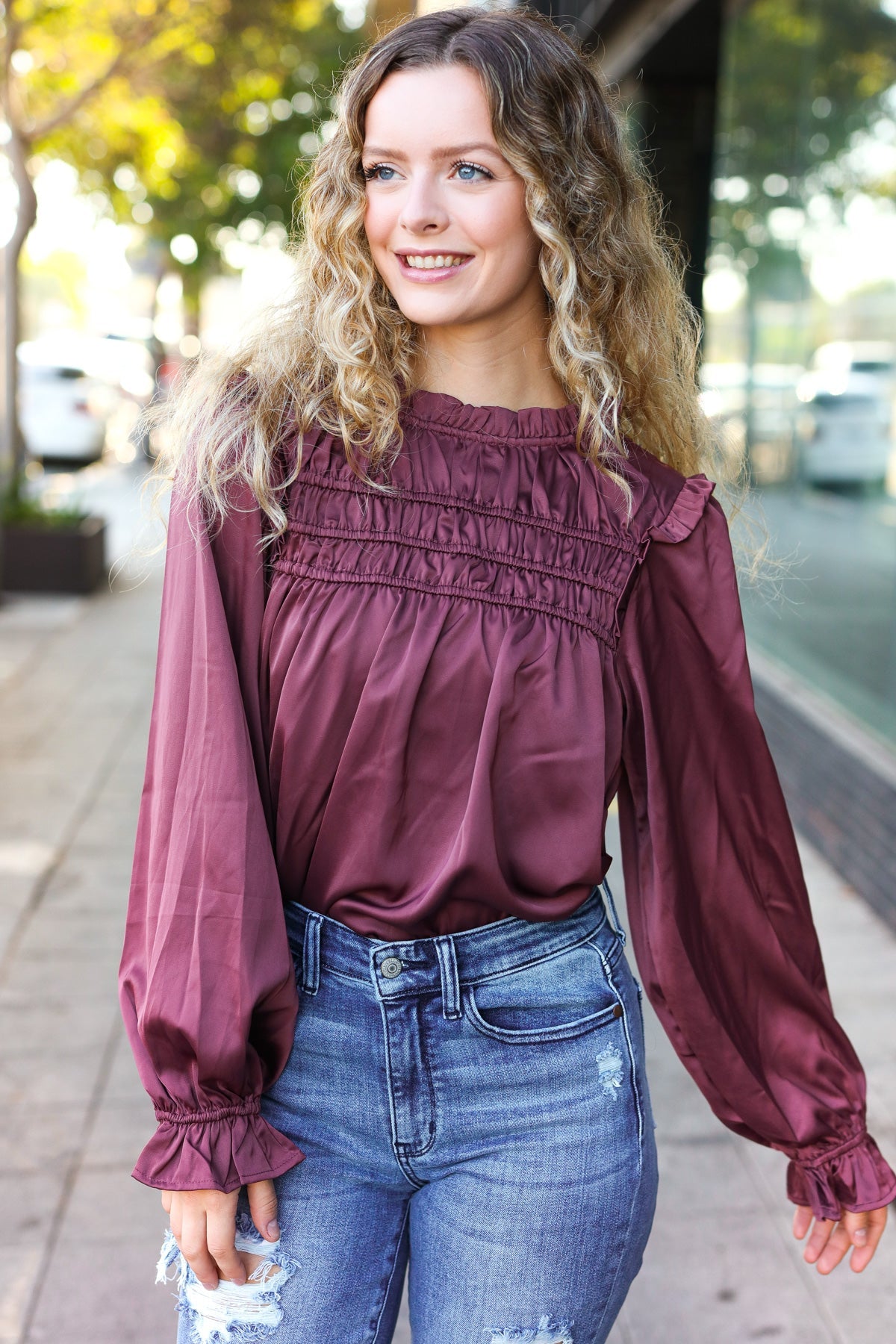 Be Your Best Wine Satin Shirred Yoke Frilled Mock Neck Top-Modish Lily, Tecumseh Michigan