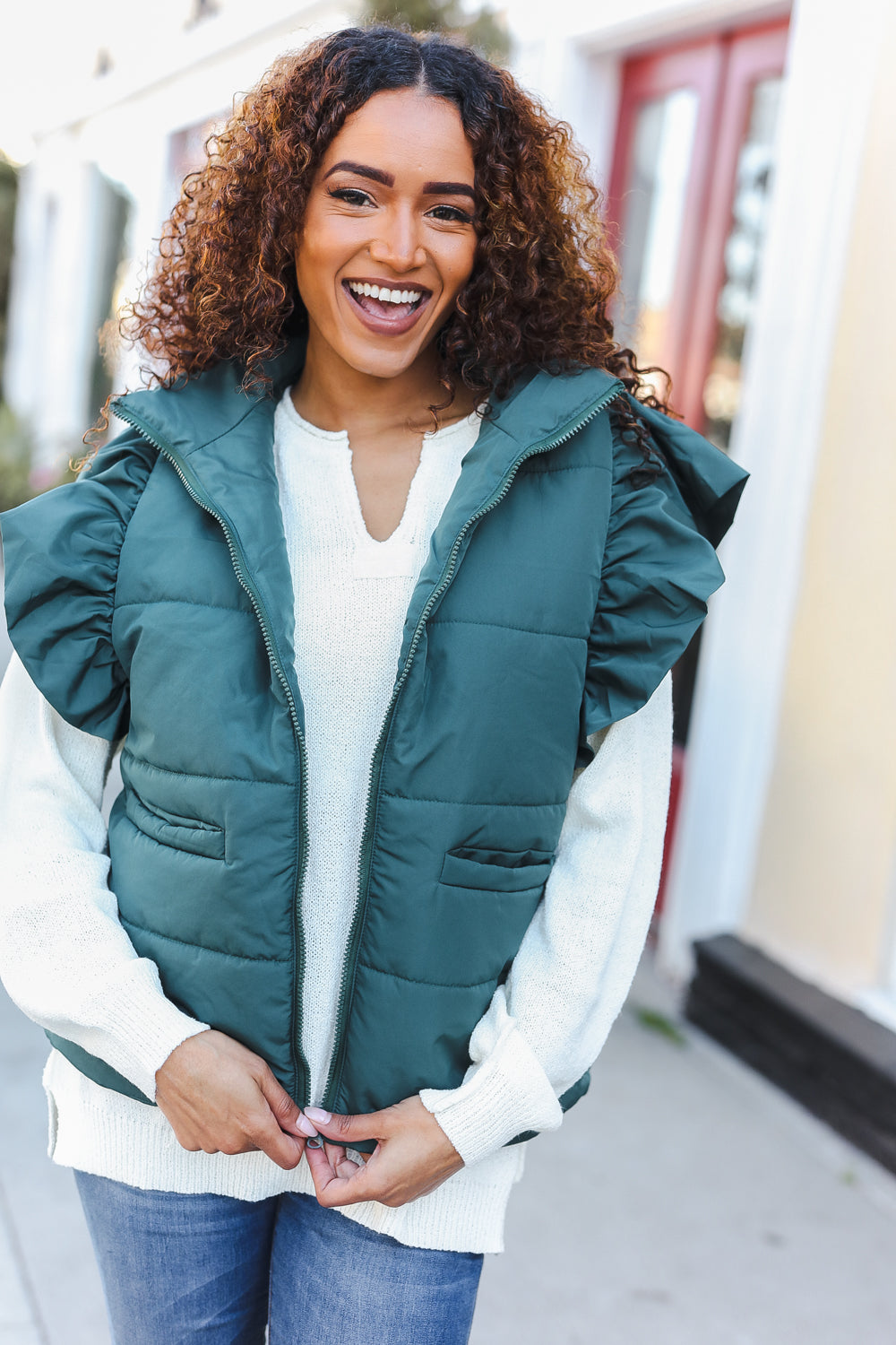 Feeling Festive Hunter Green Zipper Up Quilted Ruffle Sleeve Puffer Vest-Modish Lily, Tecumseh Michigan