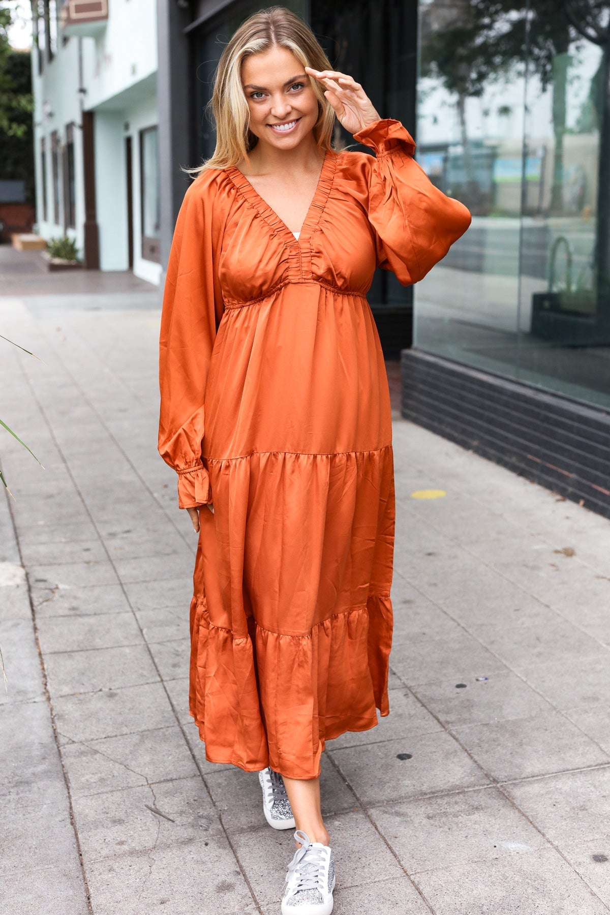 Elegant Rust Elastic V Neck Tiered Satin Maxi Dress-Modish Lily, Tecumseh Michigan