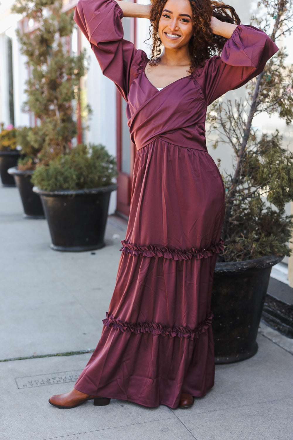 Holiday Vibes Wine Satin Front Overlap Smocked Back Maxi Dress-2024 Blow-Out Sale-Modish Lily, Tecumseh Michigan