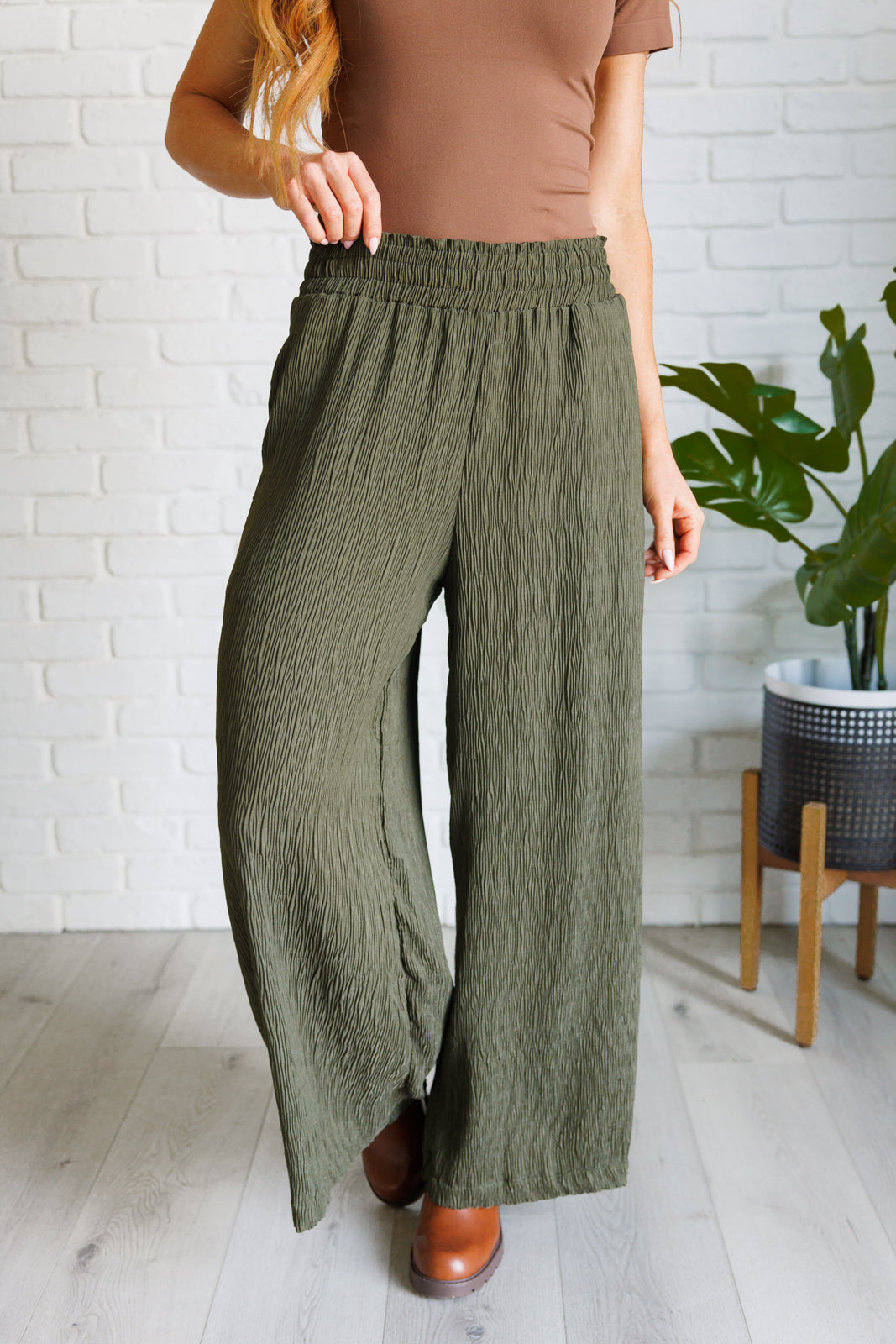 Harmony High Rise Wide Pants in Olive-Bottoms-Modish Lily, Tecumseh Michigan