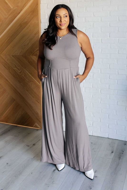 Hilary Wide Leg Jumpsuit in Grey-Jumpsuits & Rompers-Modish Lily, Tecumseh Michigan