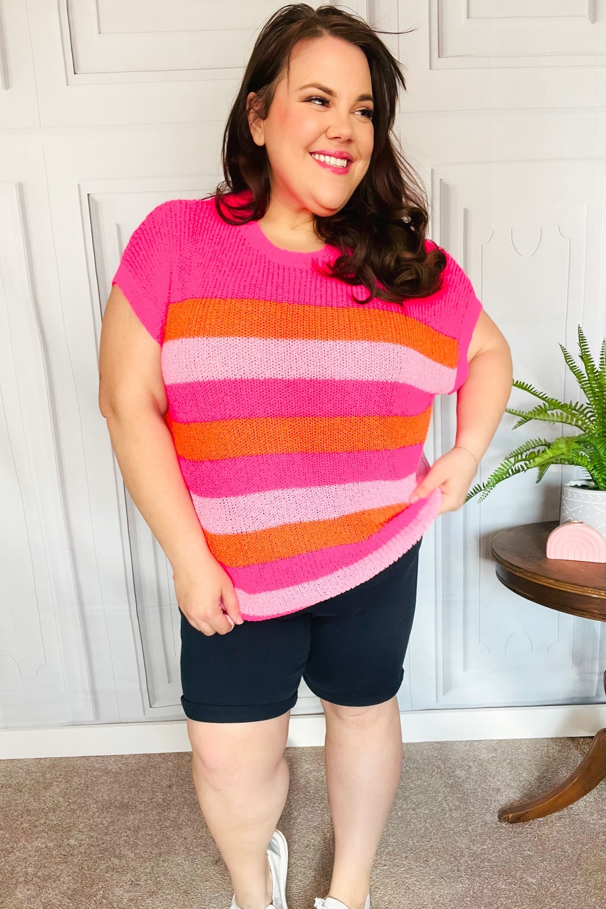 Feeling Bold Fuchsia & Orange Stripe Short Sleeve Dolman Sweater-Modish Lily, Tecumseh Michigan