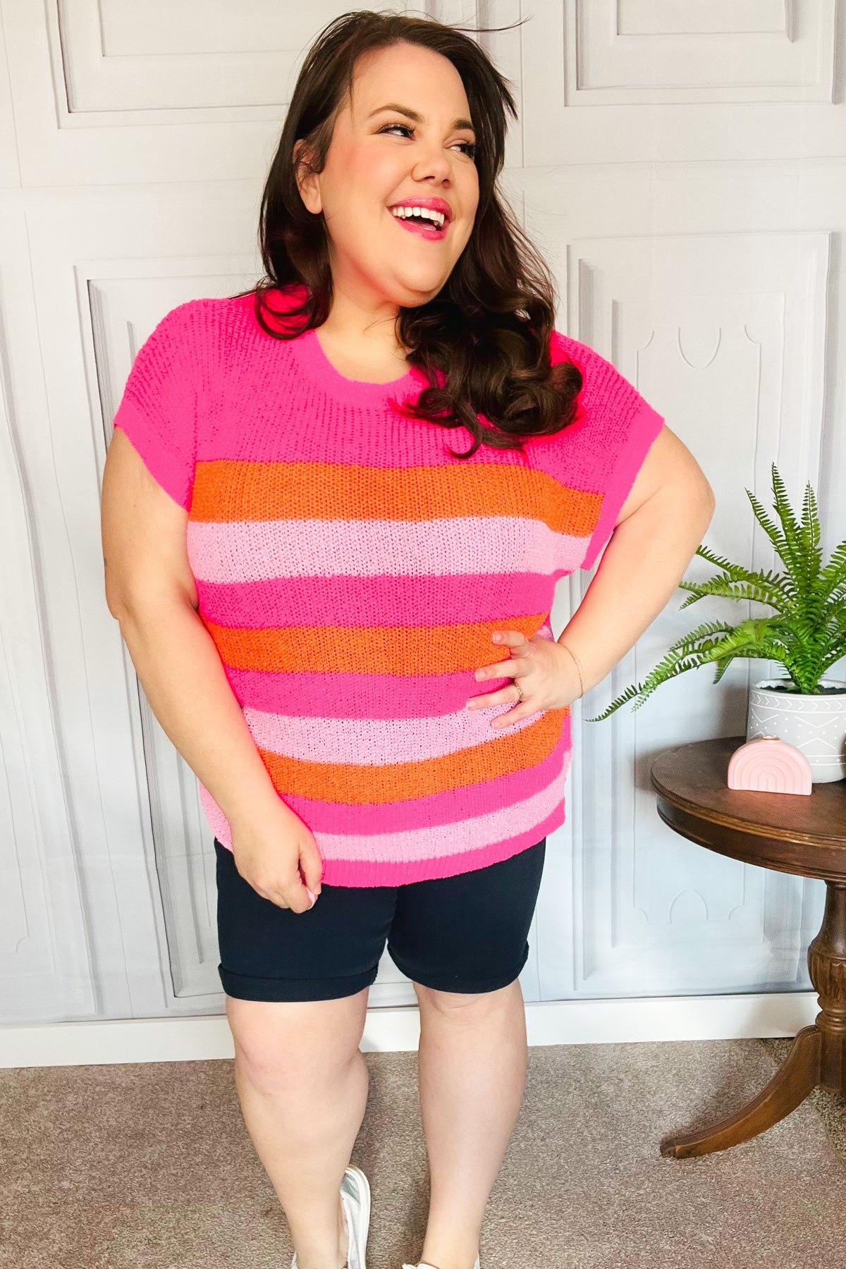 Feeling Bold Fuchsia & Orange Stripe Short Sleeve Dolman Sweater-Modish Lily, Tecumseh Michigan