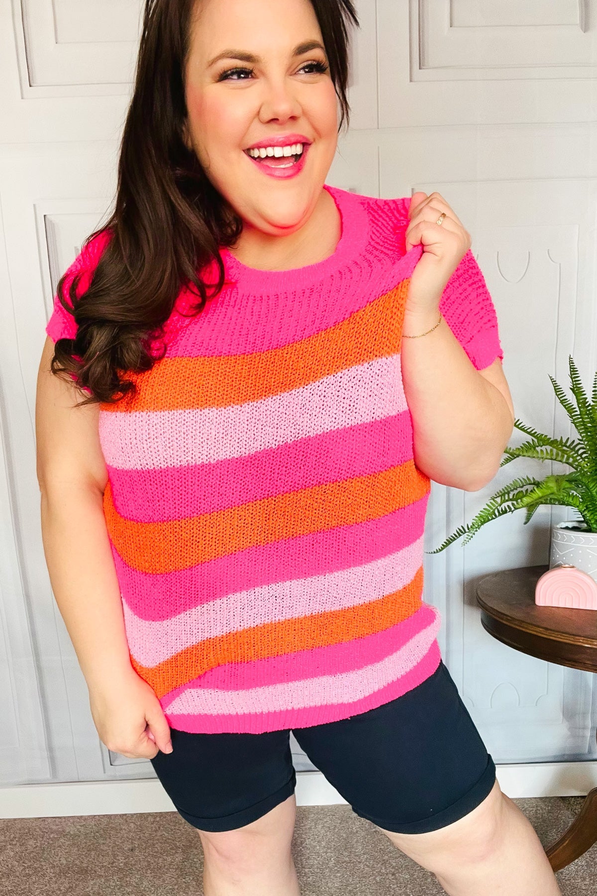 Feeling Bold Fuchsia & Orange Stripe Short Sleeve Dolman Sweater-Modish Lily, Tecumseh Michigan