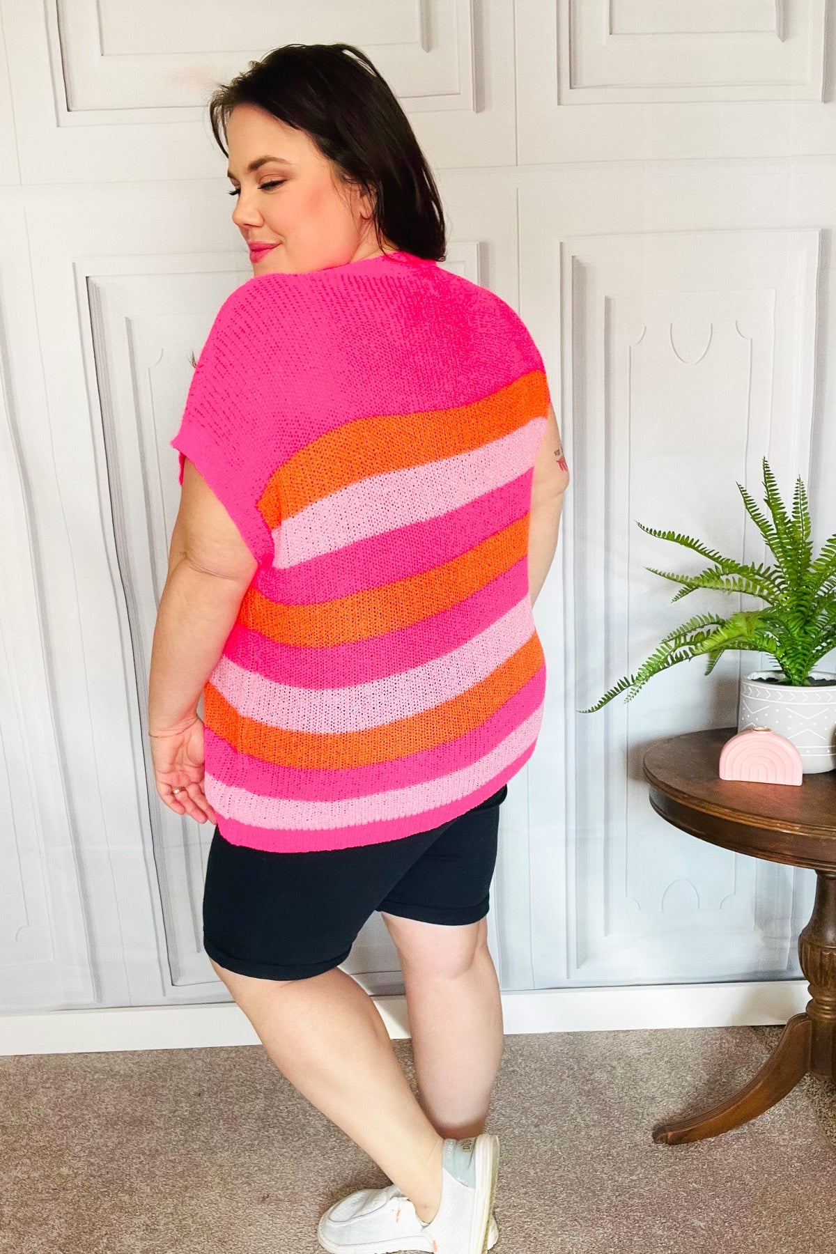 Feeling Bold Fuchsia & Orange Stripe Short Sleeve Dolman Sweater-Modish Lily, Tecumseh Michigan