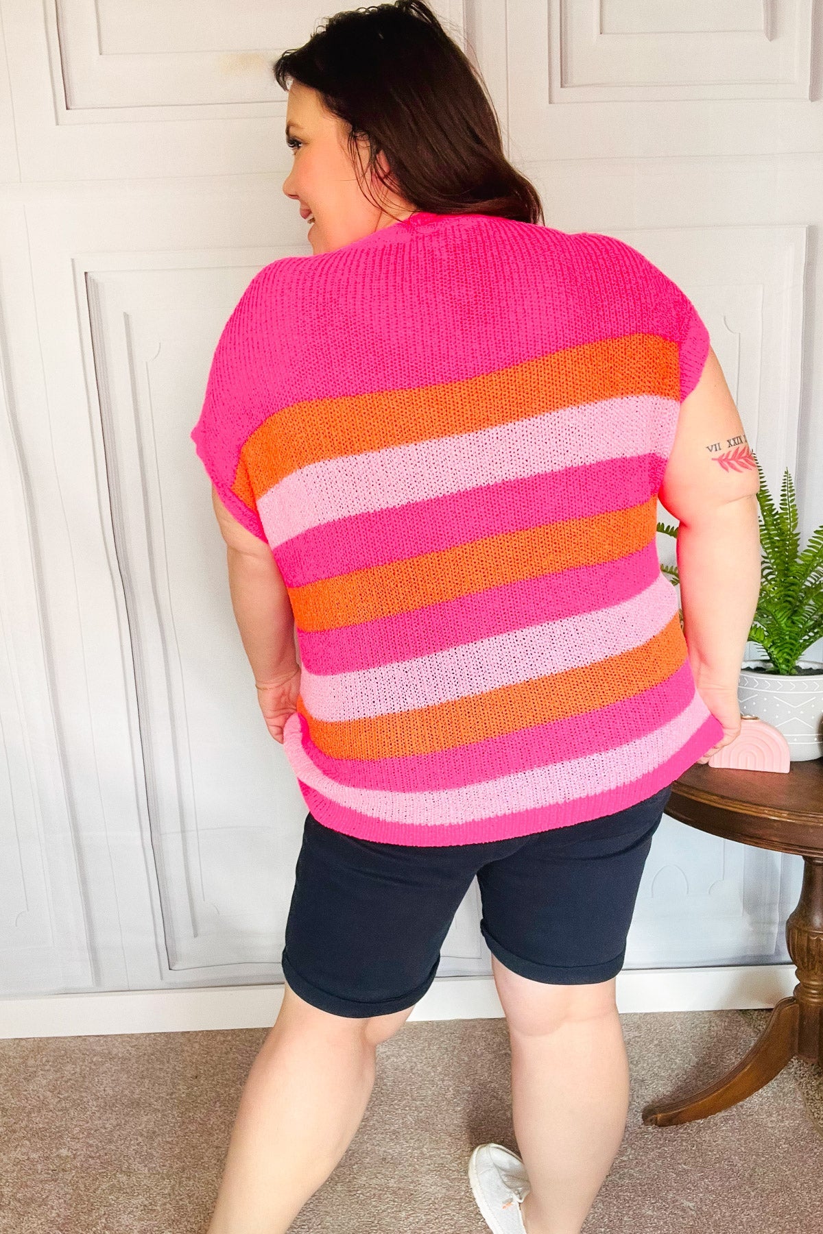 Feeling Bold Fuchsia & Orange Stripe Short Sleeve Dolman Sweater-Modish Lily, Tecumseh Michigan