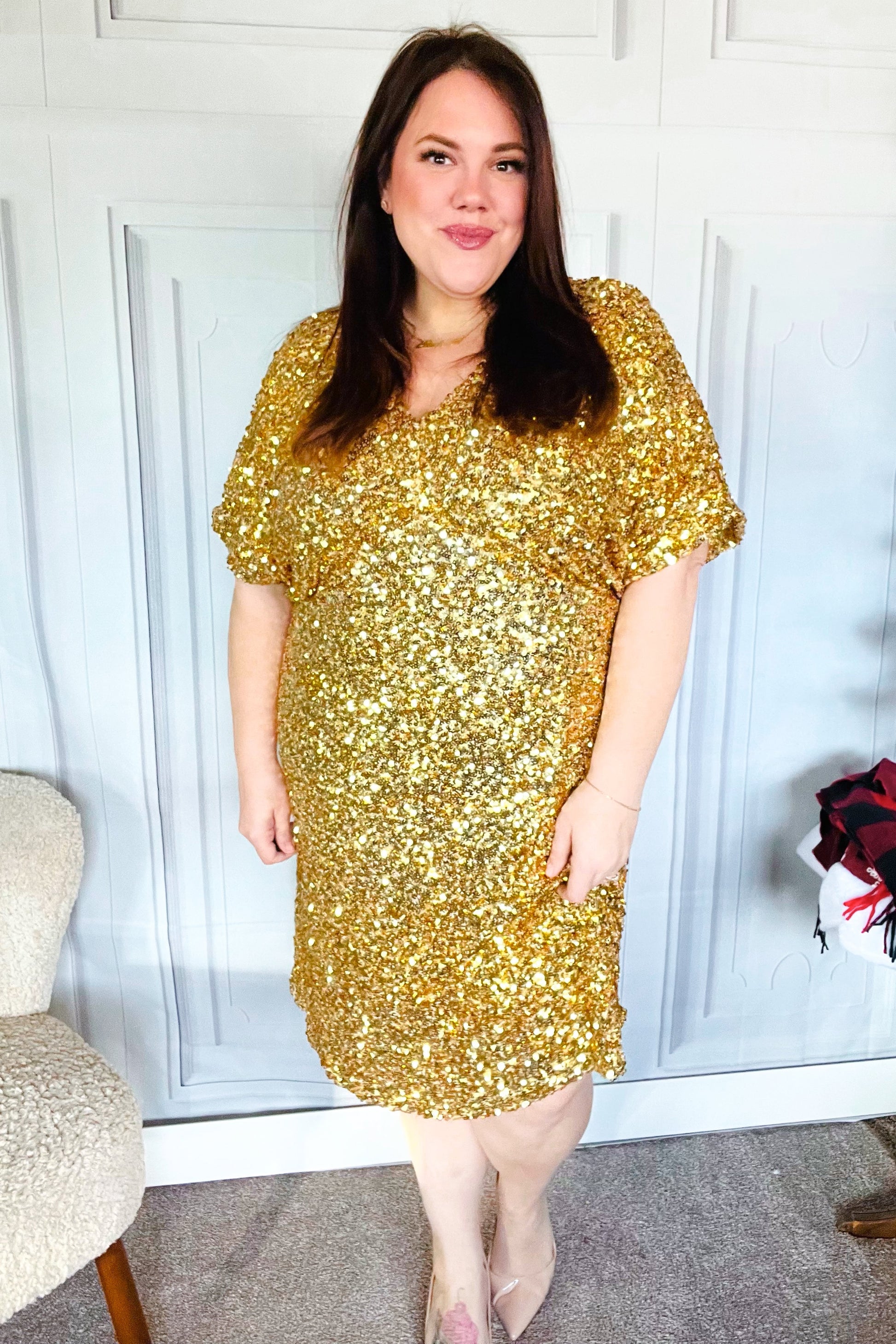 New Year Diva Dolman Gold Sequined Lined Babydoll Dress-Modish Lily, Tecumseh Michigan