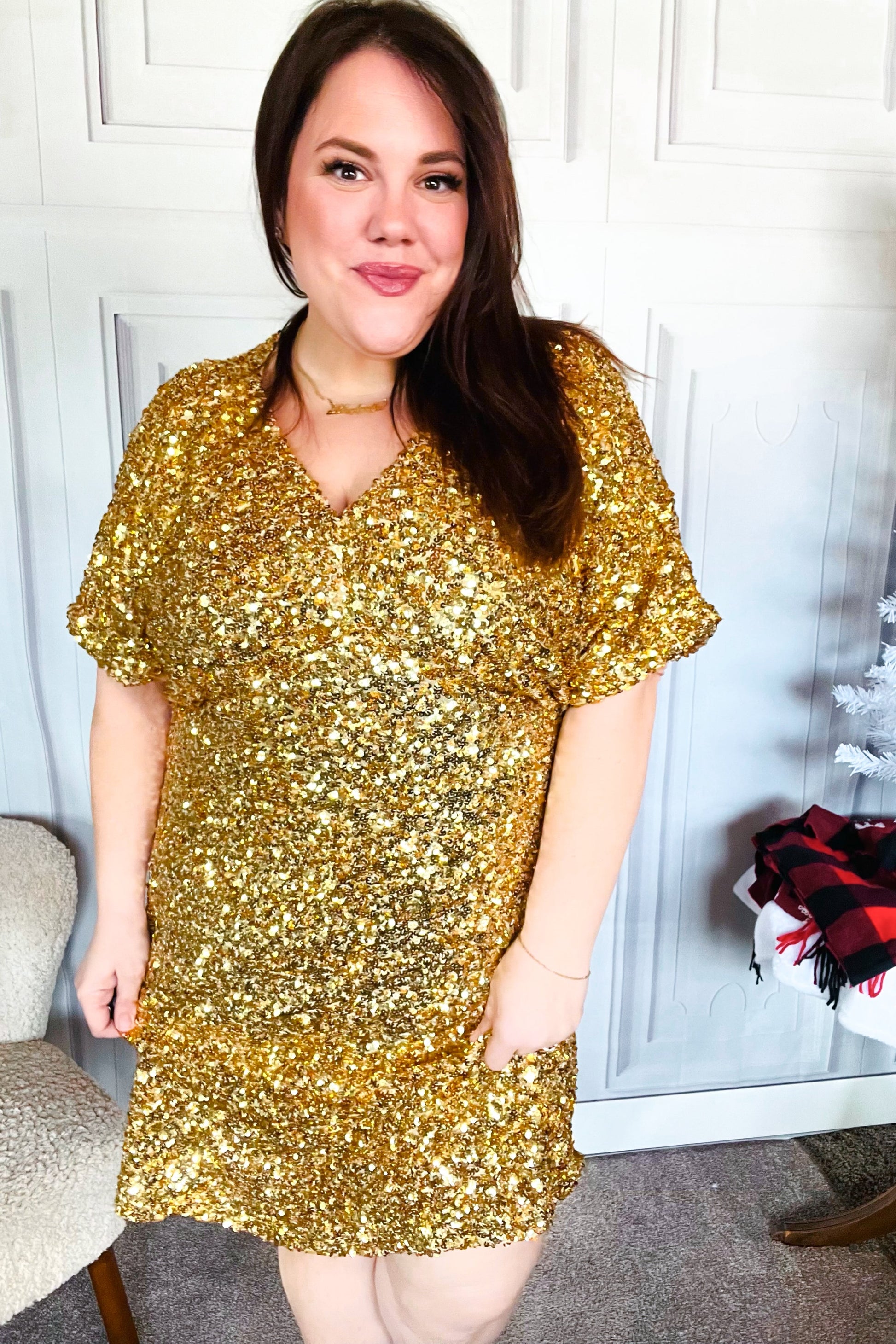 New Year Diva Dolman Gold Sequined Lined Babydoll Dress-Modish Lily, Tecumseh Michigan